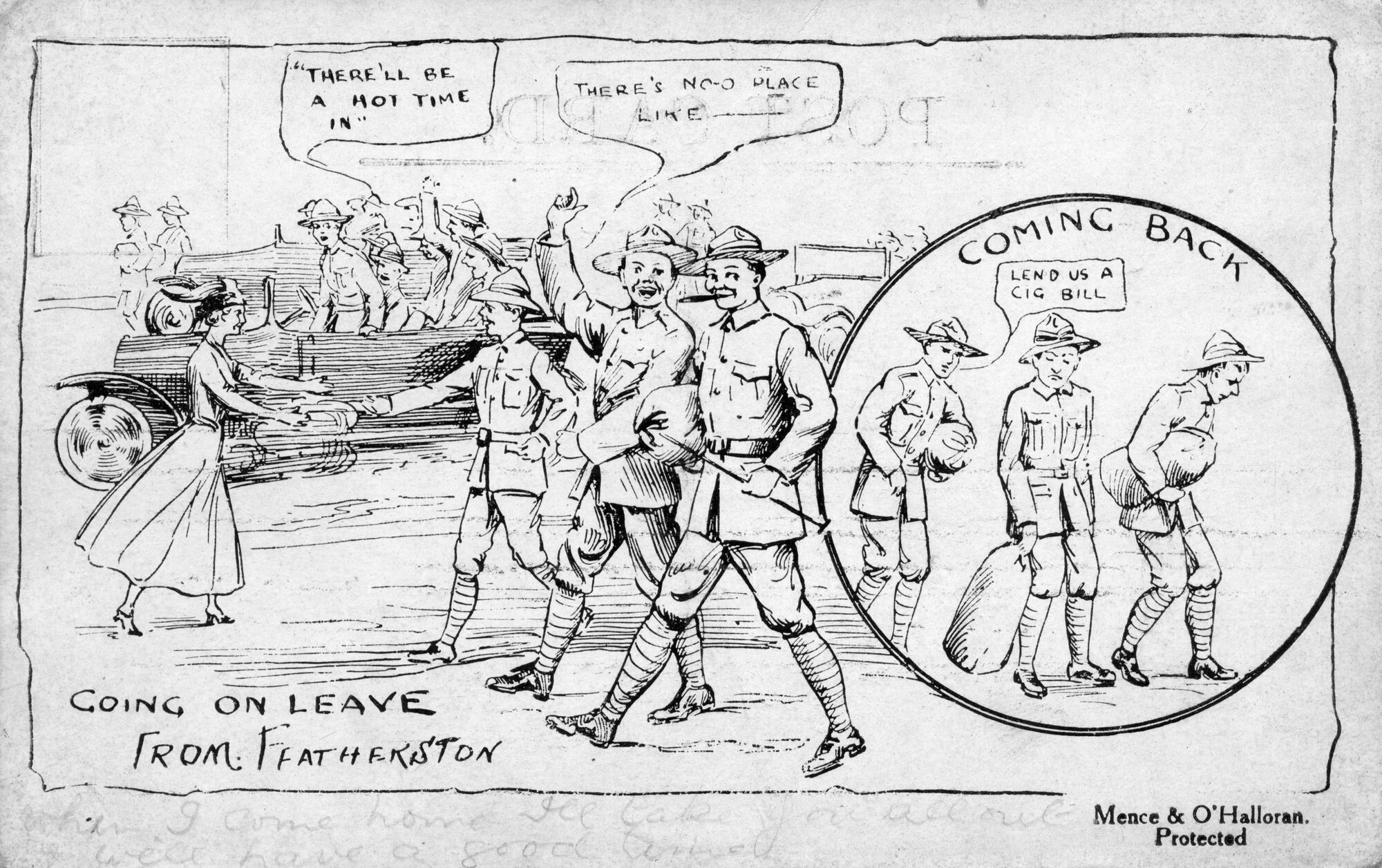 Army cartoon postcards, World War 1; &lsquo;Going on leave from Featherston'.