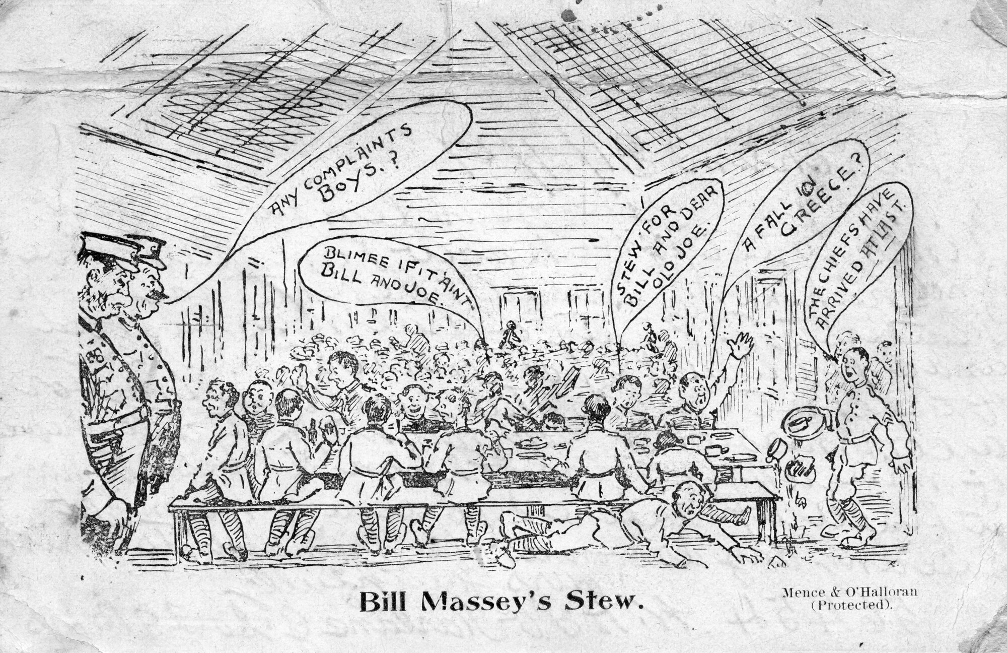 Army cartoon postcards, World War 1; &lsquo;Bill Massey's stew'.
