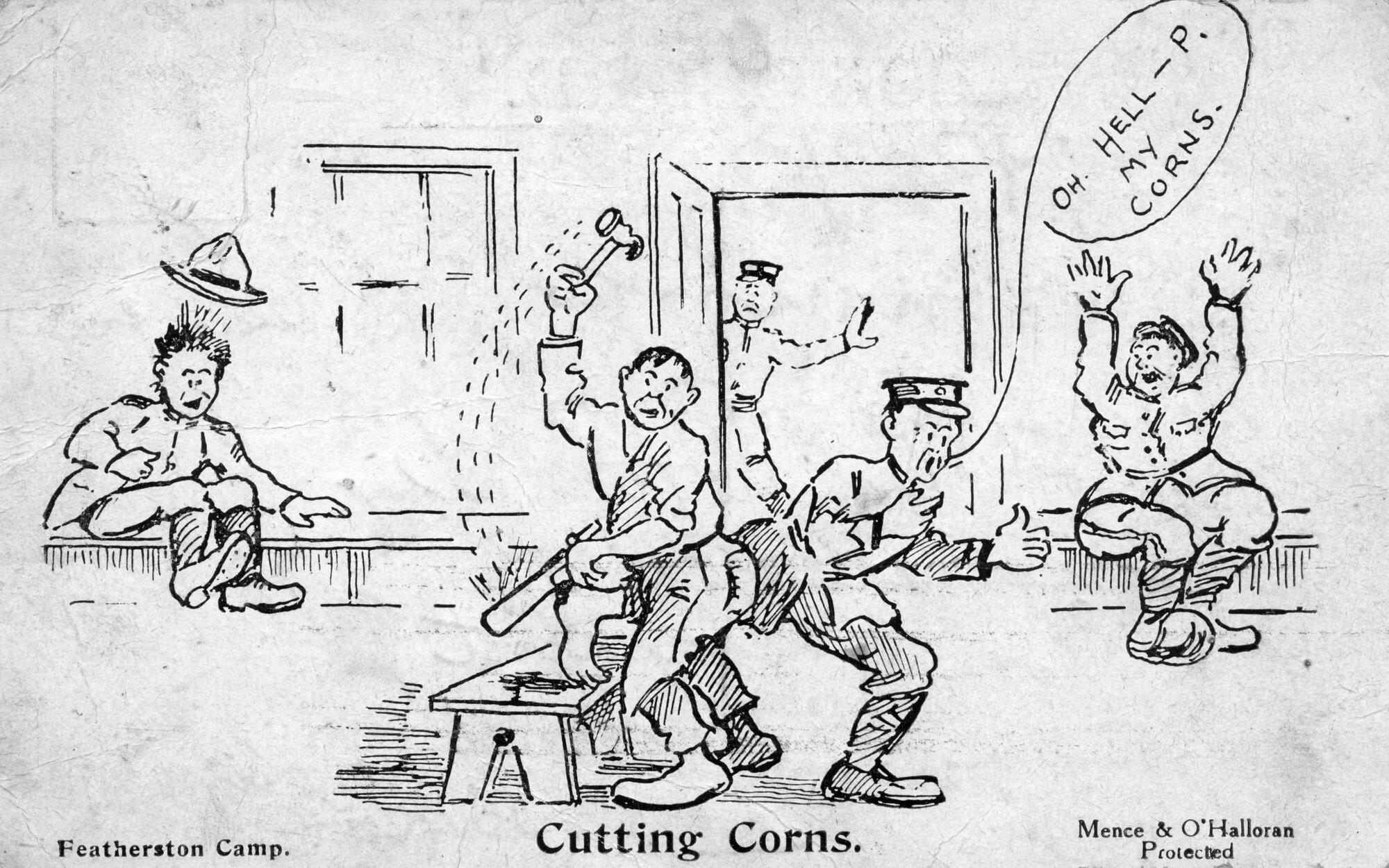 Army cartoon postcards, World War 1; 'Cutting corns'.