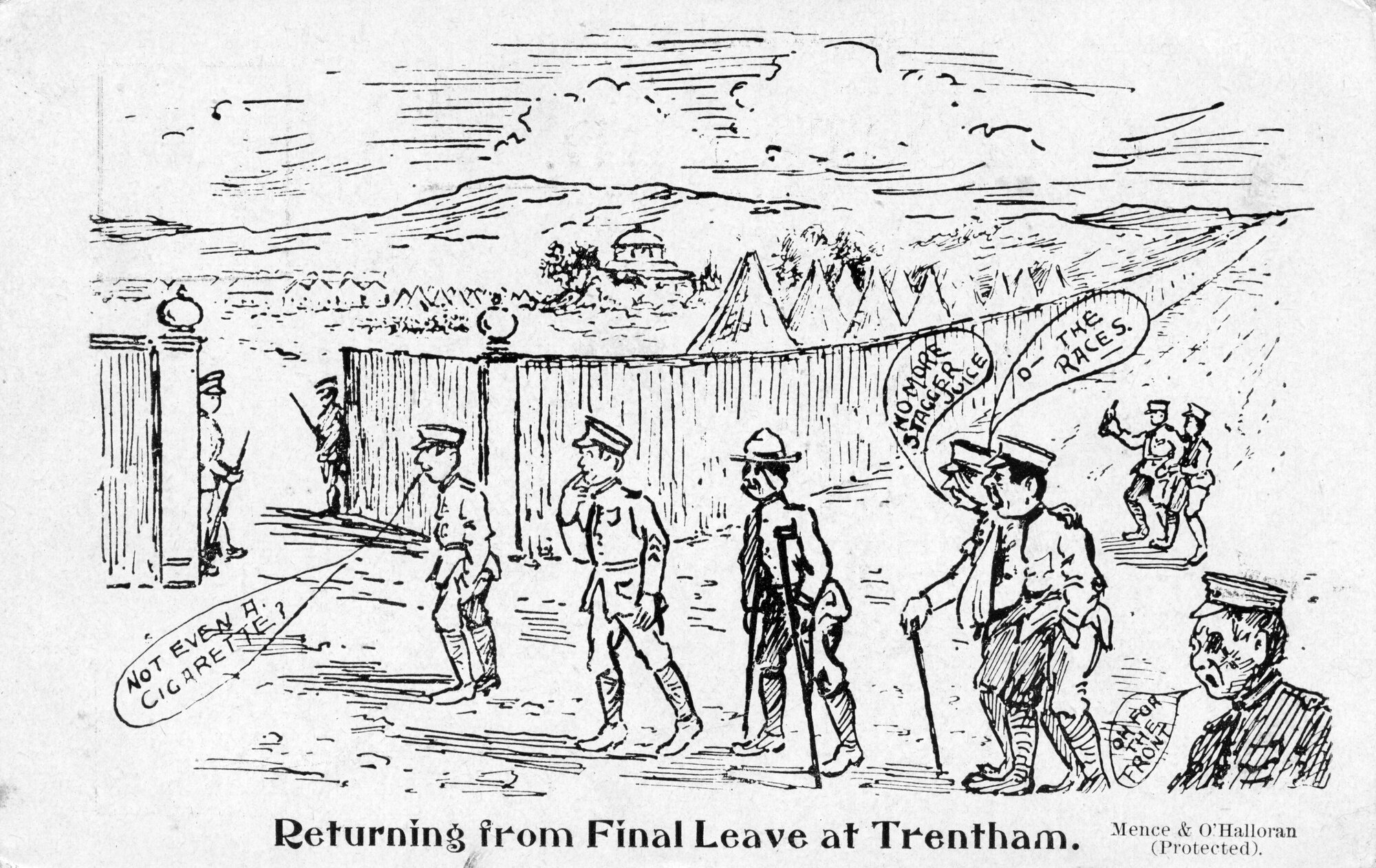 Army cartoon postcards, World War 1; &lsquo;Returning from final leave at Trentham'.