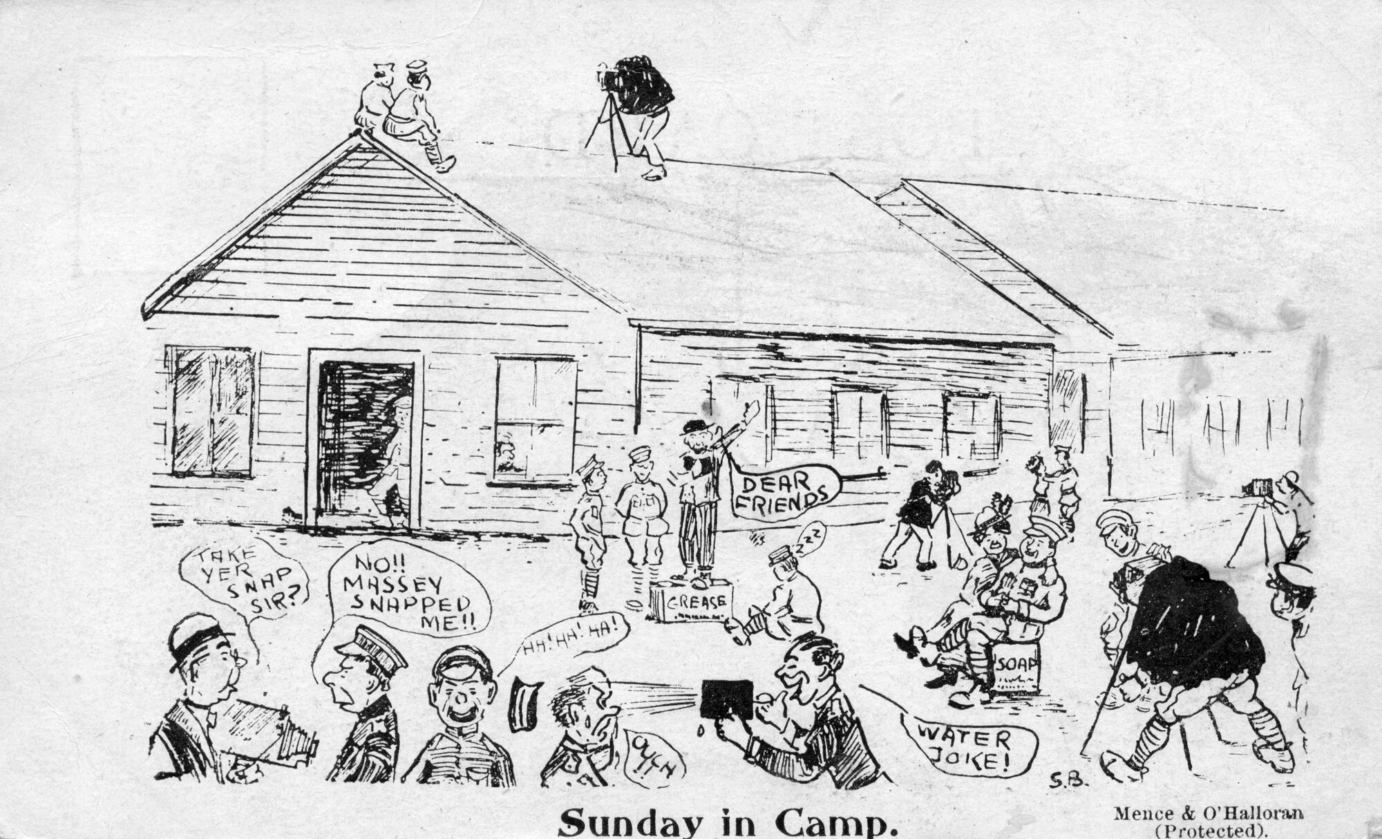 Army cartoon postcards, World War 1; &lsquo;Sunday in camp'.
