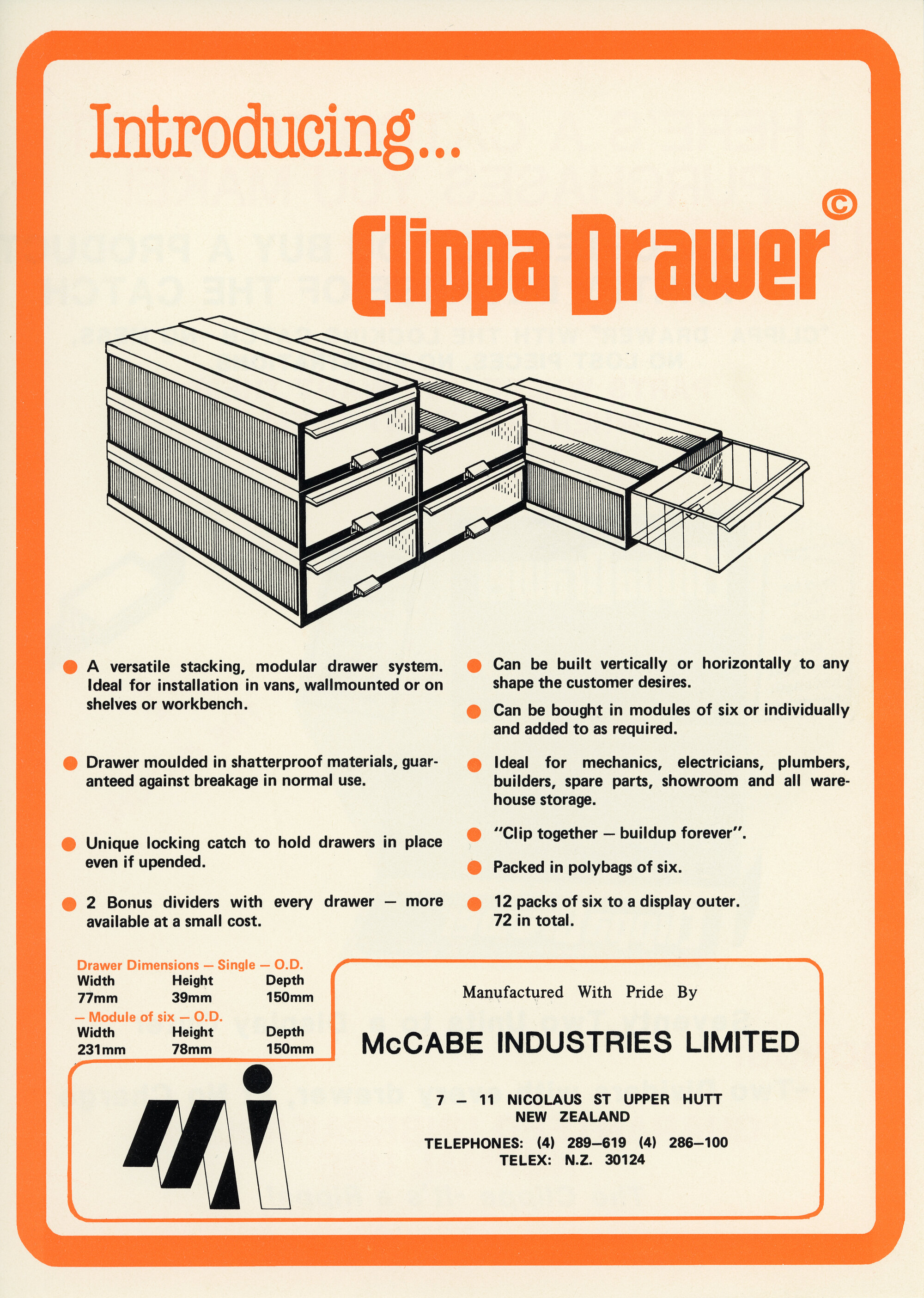 McCabe Industries Ltd; Clippa Drawer Flyer; ca. 1986