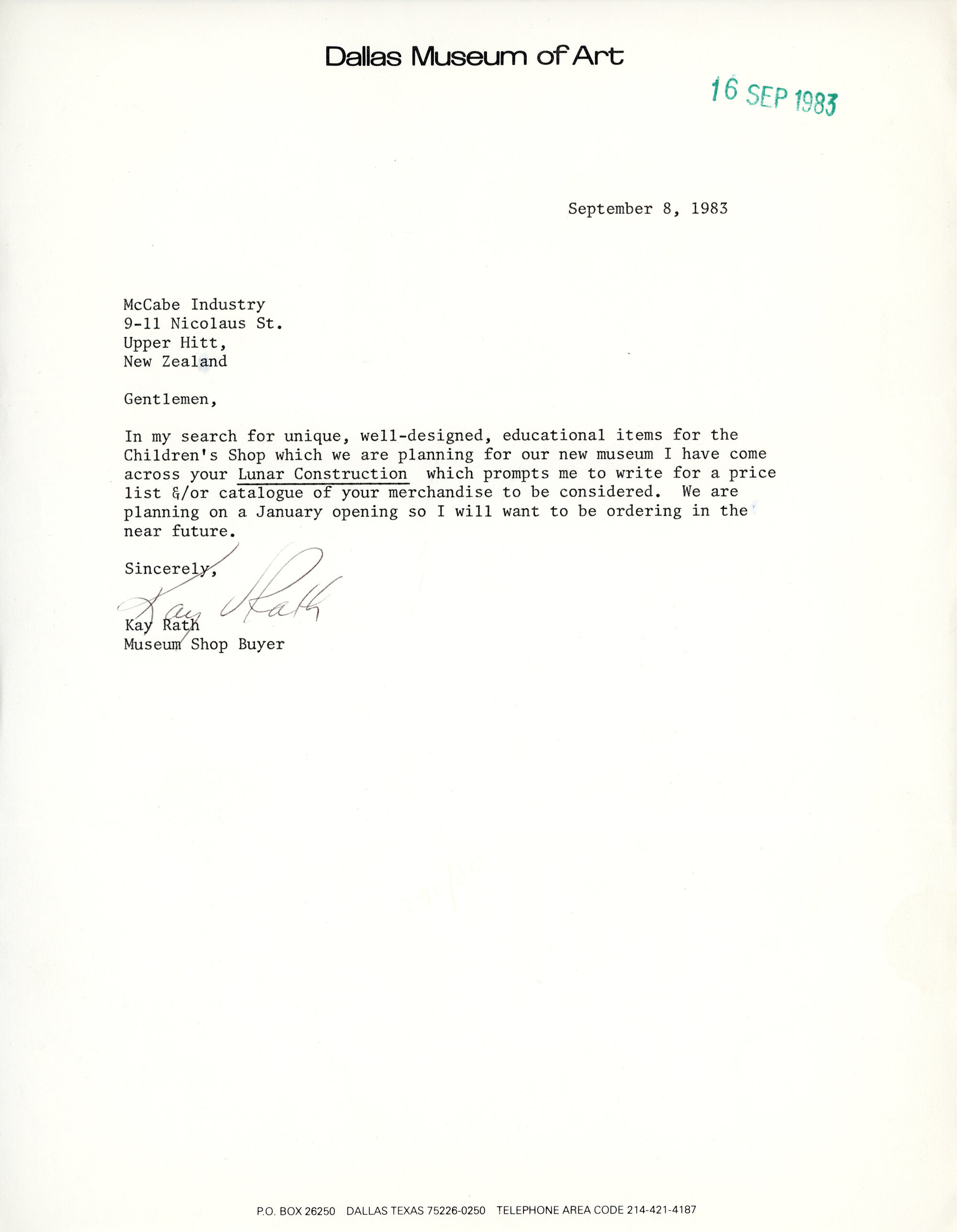 McCabe Industries Ltd; Dallas Museum of Art Letter; 1983