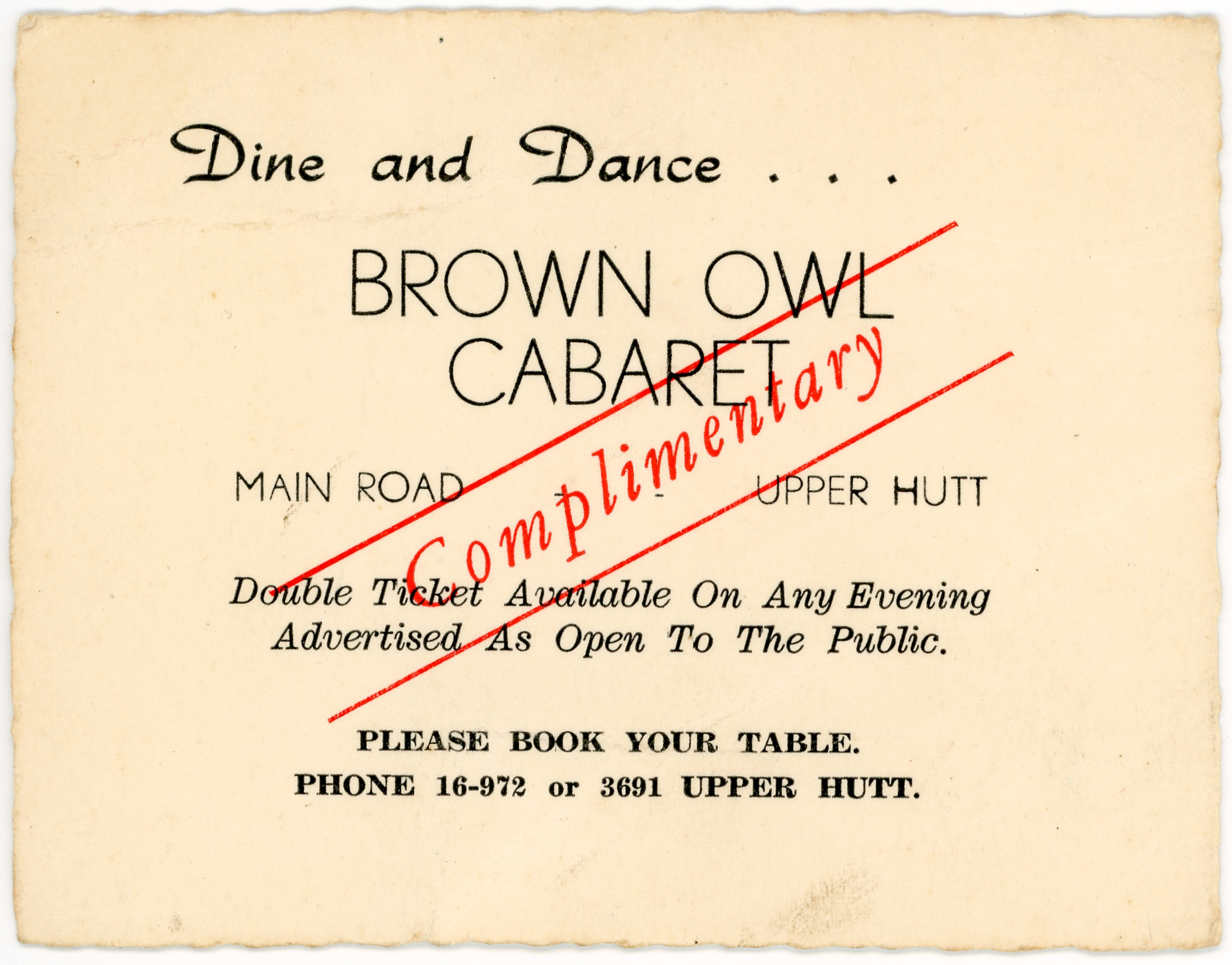 Brown Owl Cabaret Ticket; ca. 1960s