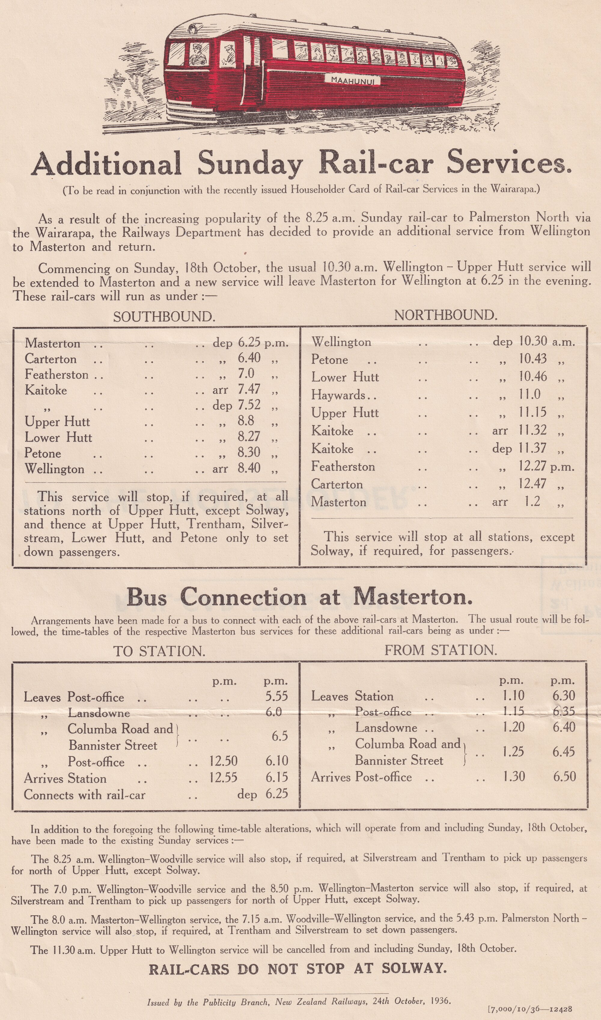 Sunday Rail-car Services Flyer; 1936