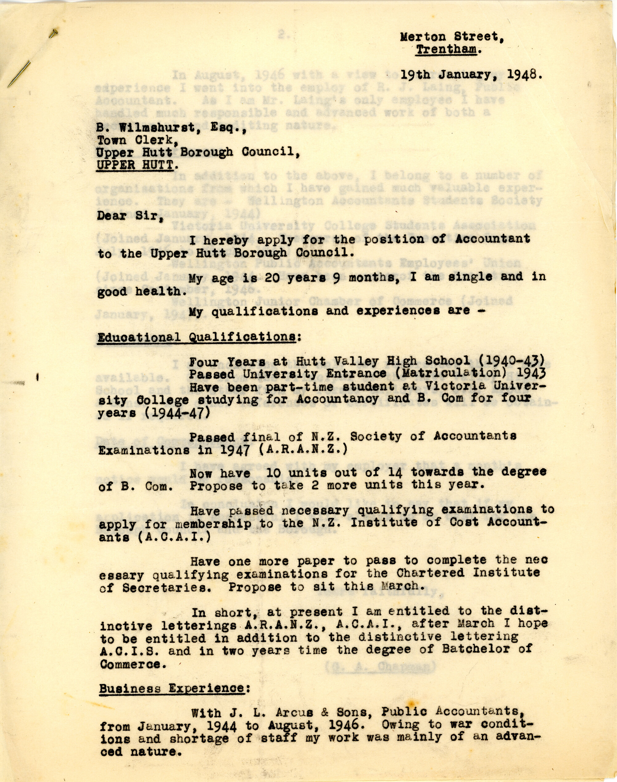 Sir George Chapman; UHCC Job Application; 1948