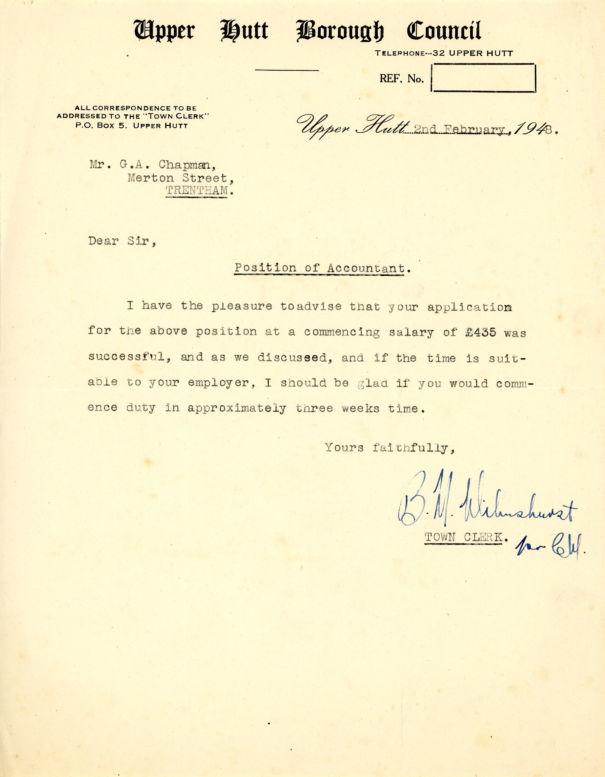 Sir George Chapman; UHCC Job Proposal; 1948