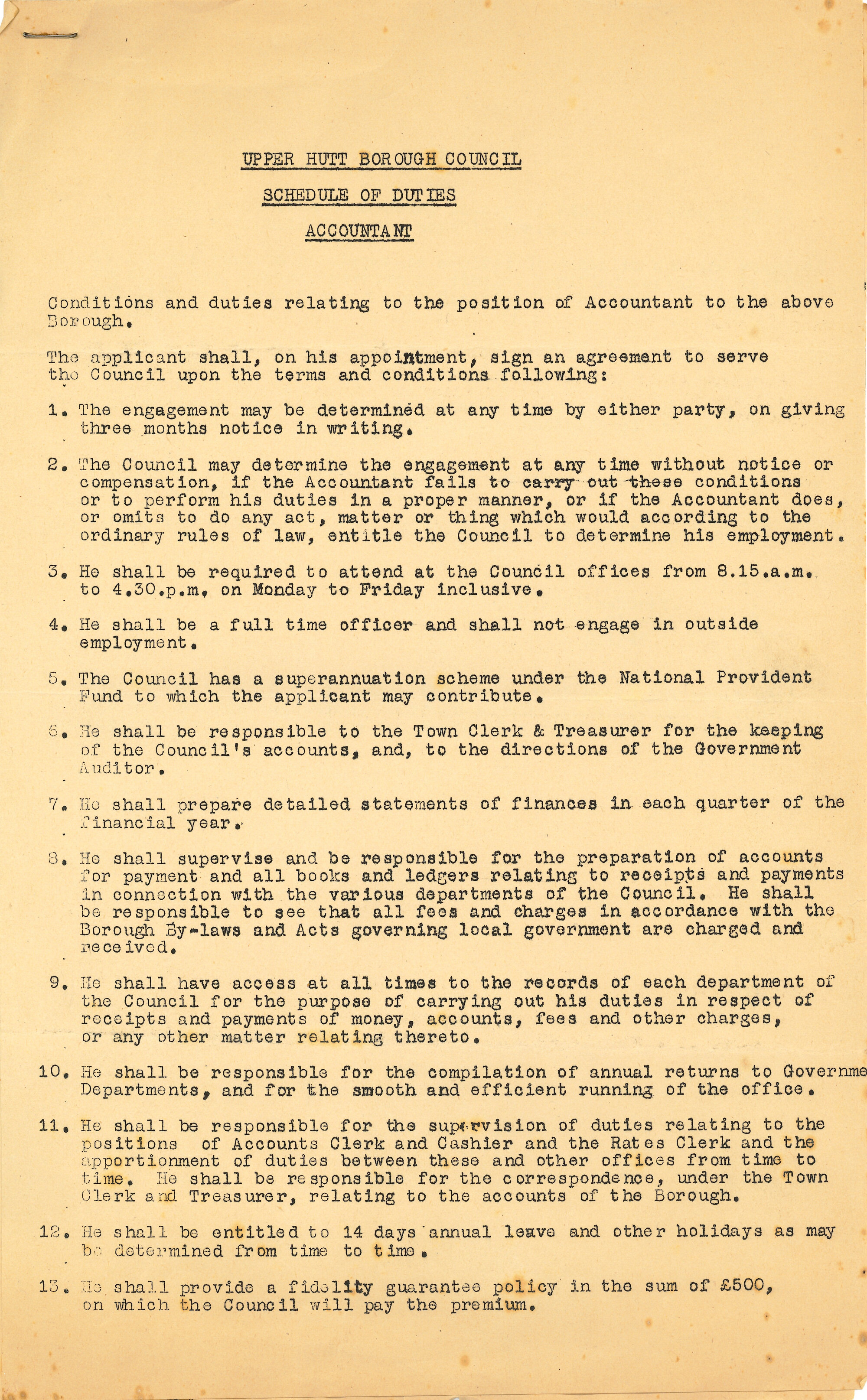 Sir George Chapman; UHCC Accountant Job Description; 1948