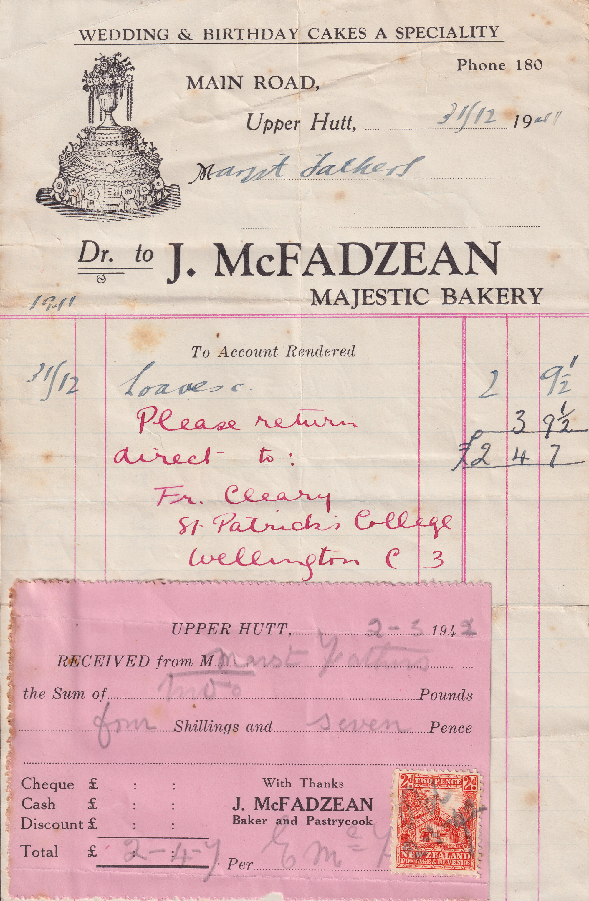J. McFadzean Majestic Bakery; Receipt; 1941