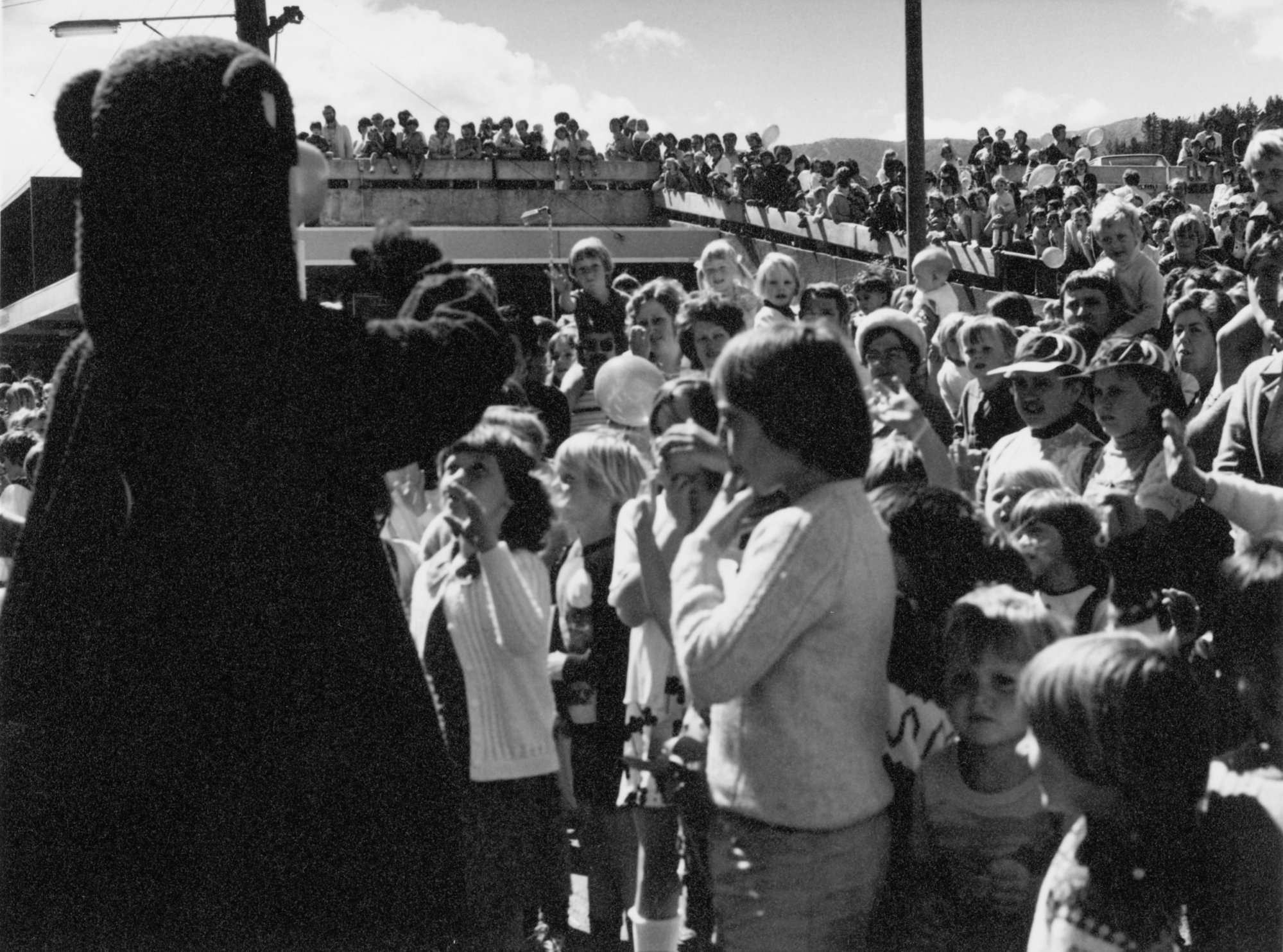 Christmas parade 1977; Radio Windy Roly Bear in Queen Street car park.