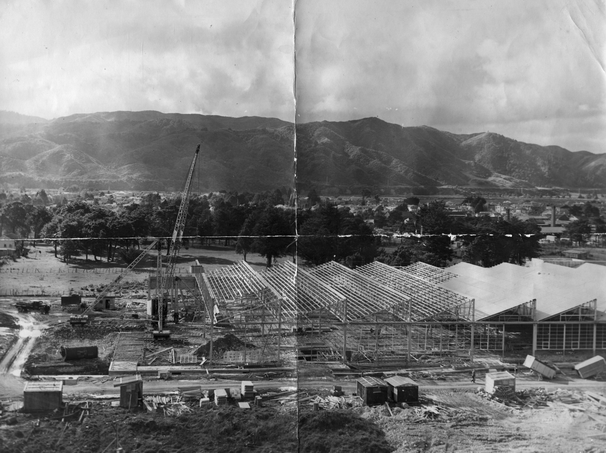 Dunlop factory construction; west end; hillside view