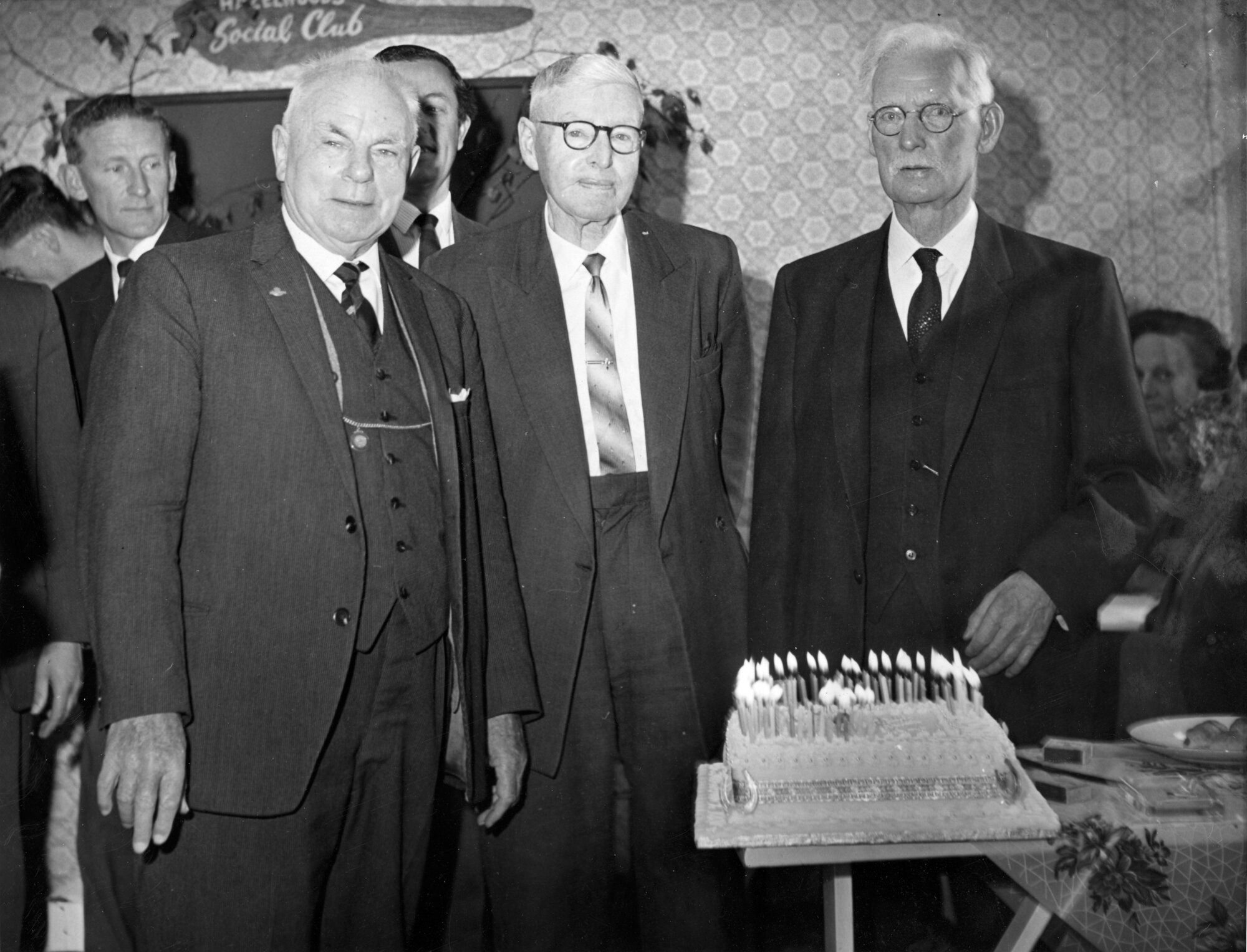 Hazelwoods 75th anniversary; mayor Percy Kinsman, and Mr J A Hazelwood with the birthday cake.
