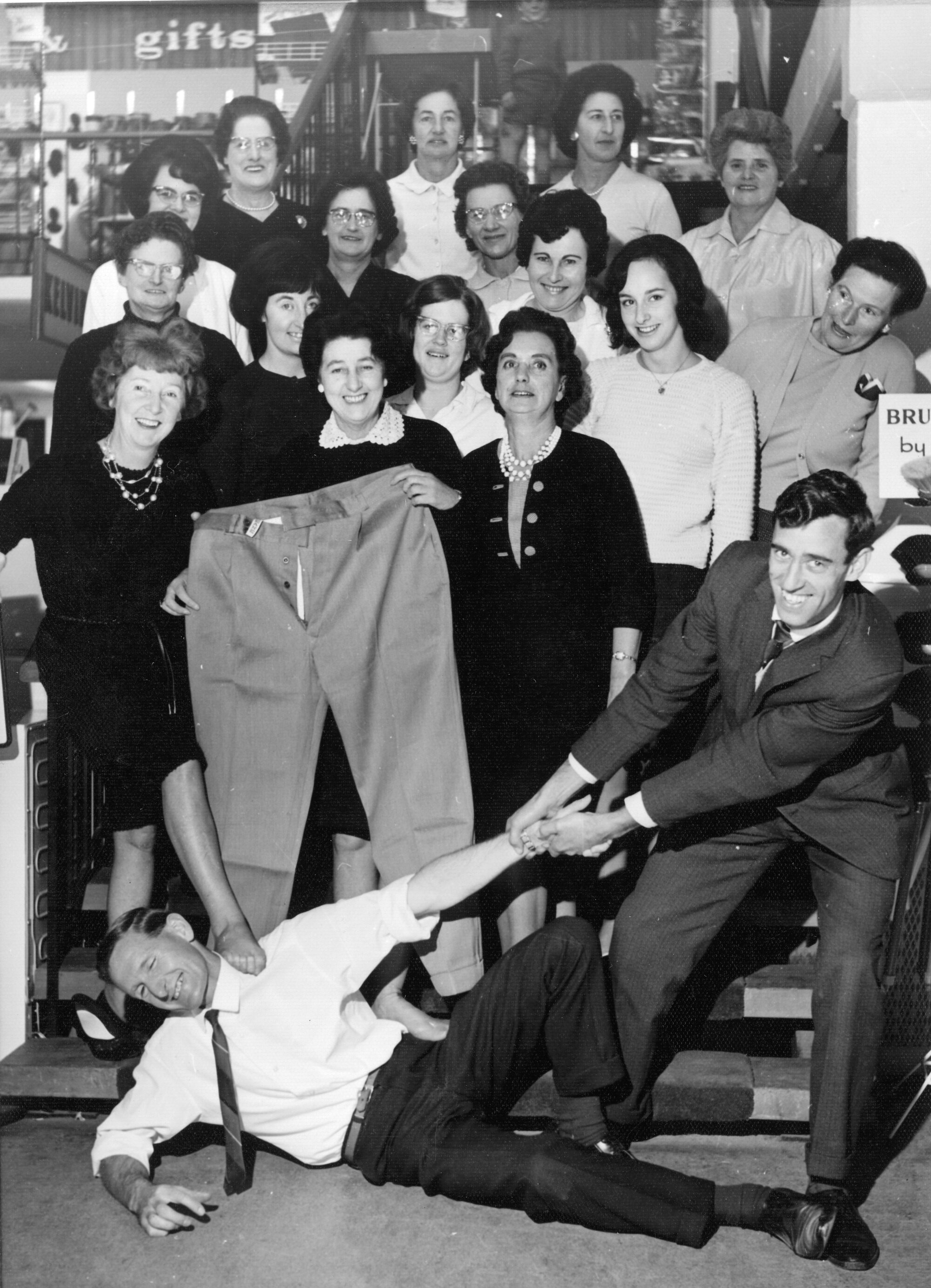 Hazelwoods staff group; staircase; 'Women's Day' 1967. [P2-652-1491]