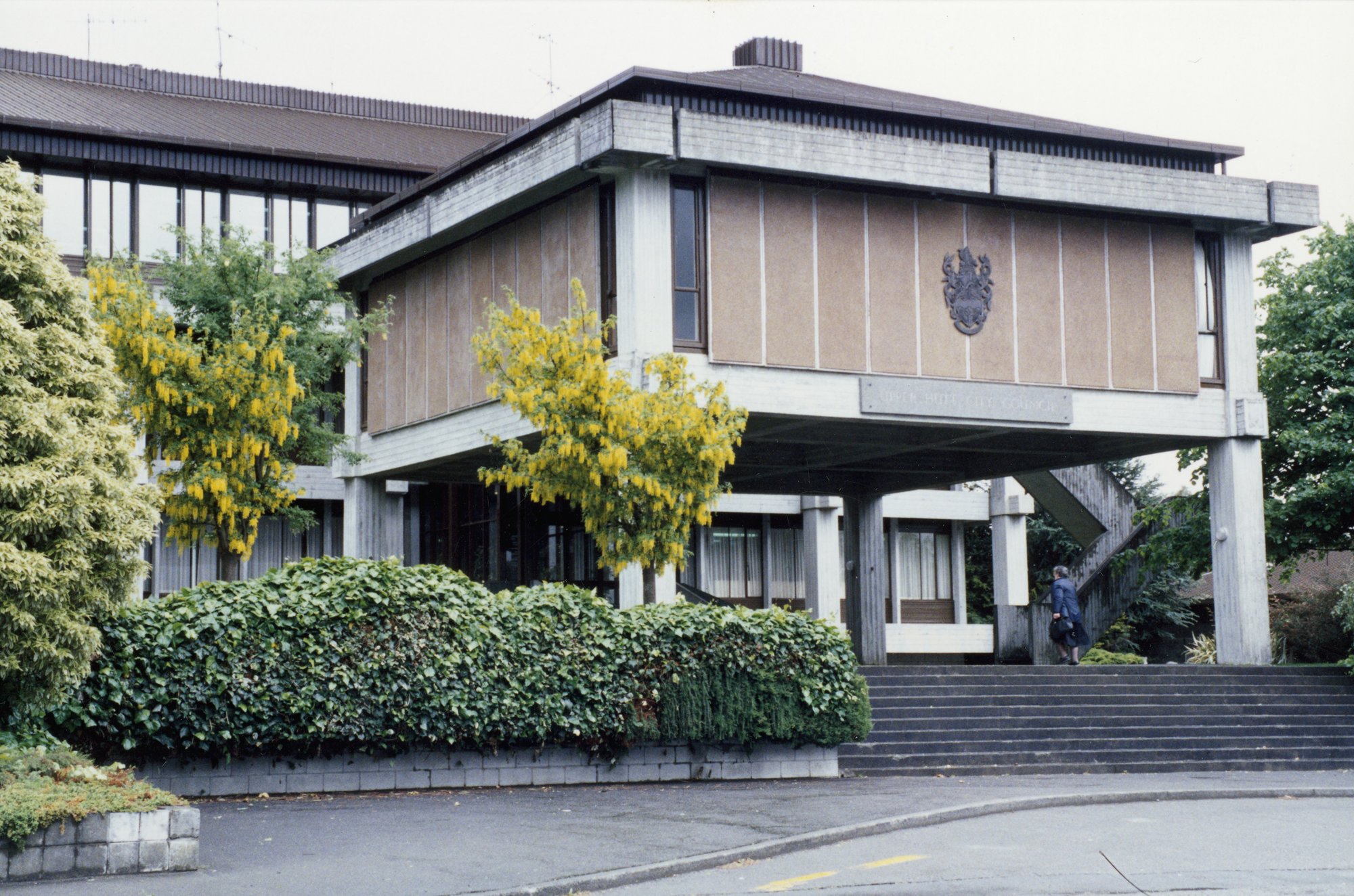 Civic Administration Building; steps, portico and council chamber.
