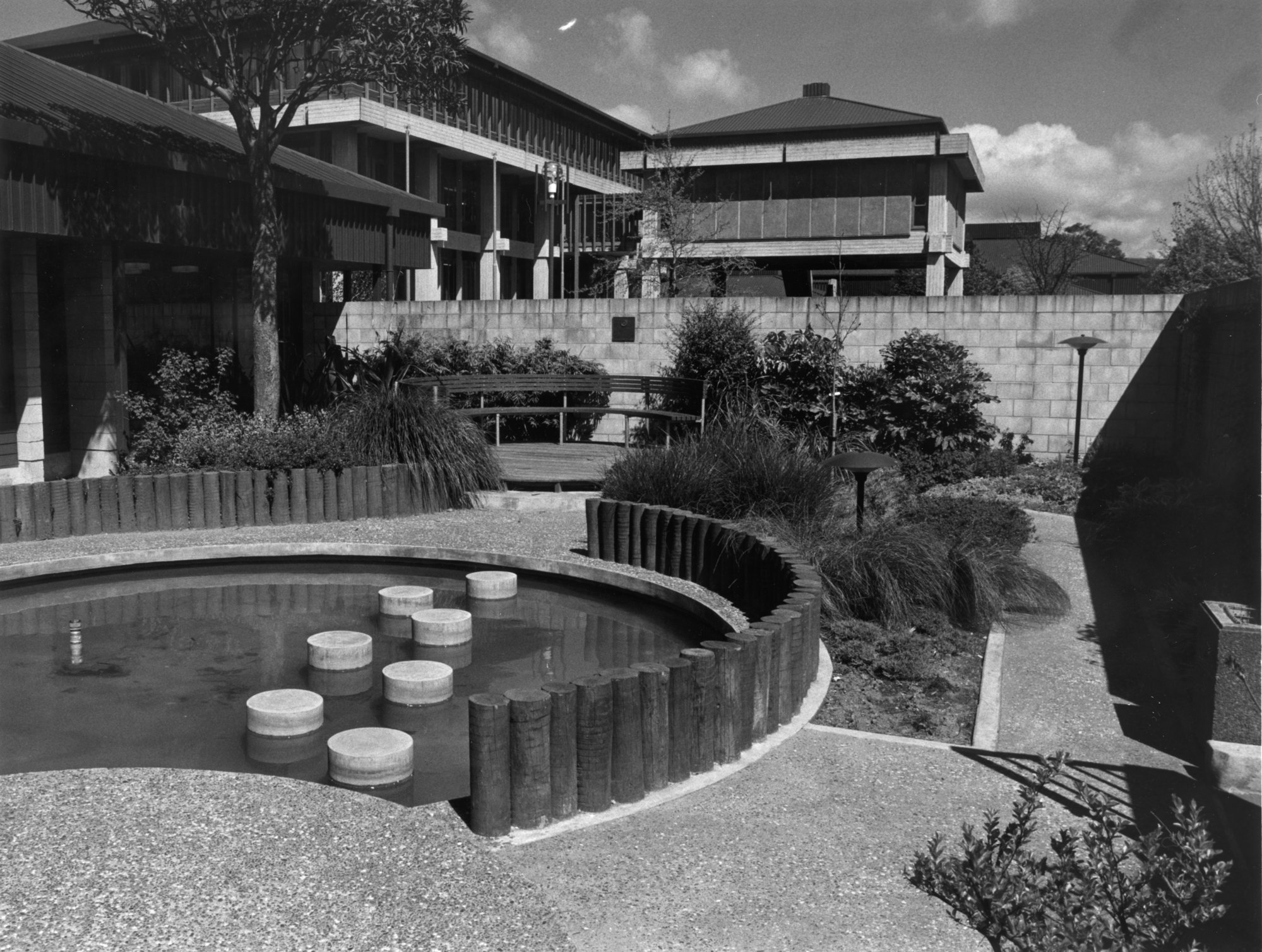 Fergusson Drive; municipal  buildings; Rotary garden, in front of the library.