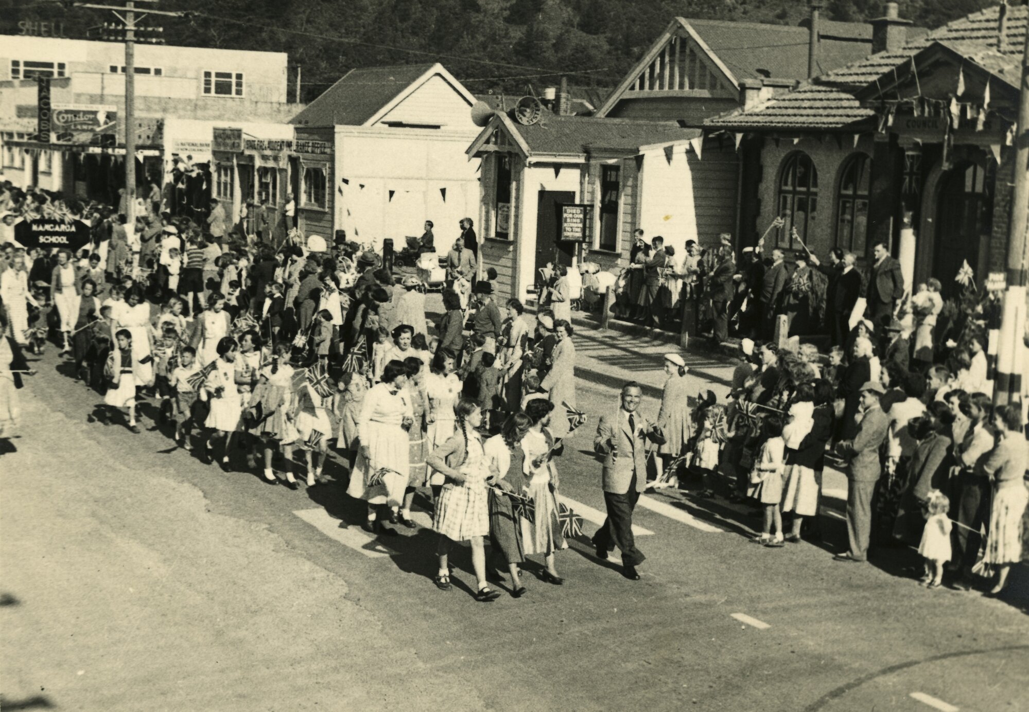 Royal tour 1954; Main Street parade, Mangaroa School group.