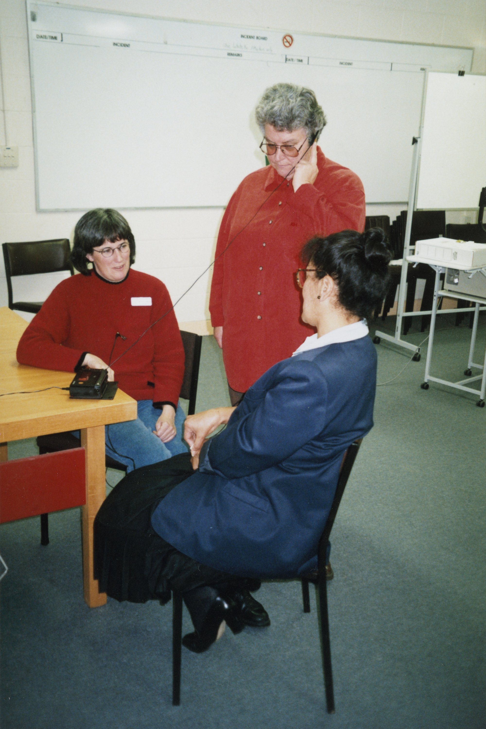 Oral history training; Civil Defence room, UHCC. Nicola Frean, Meri Ahpene seated; Linda Evans.