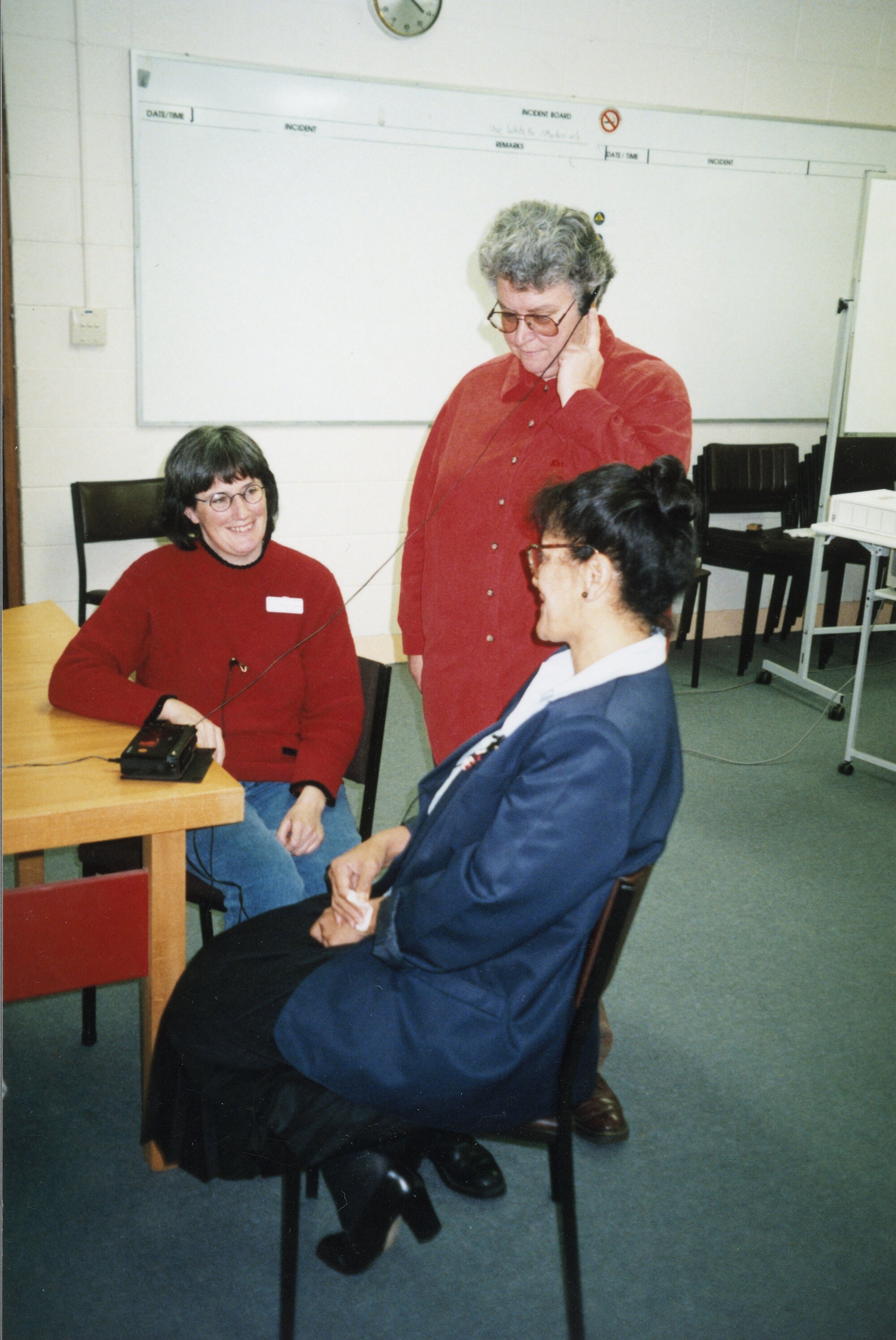 Oral history training; Civil Defence room, UHCC. Nicola Frean, Meri Ahpene seated; Linda Evans.