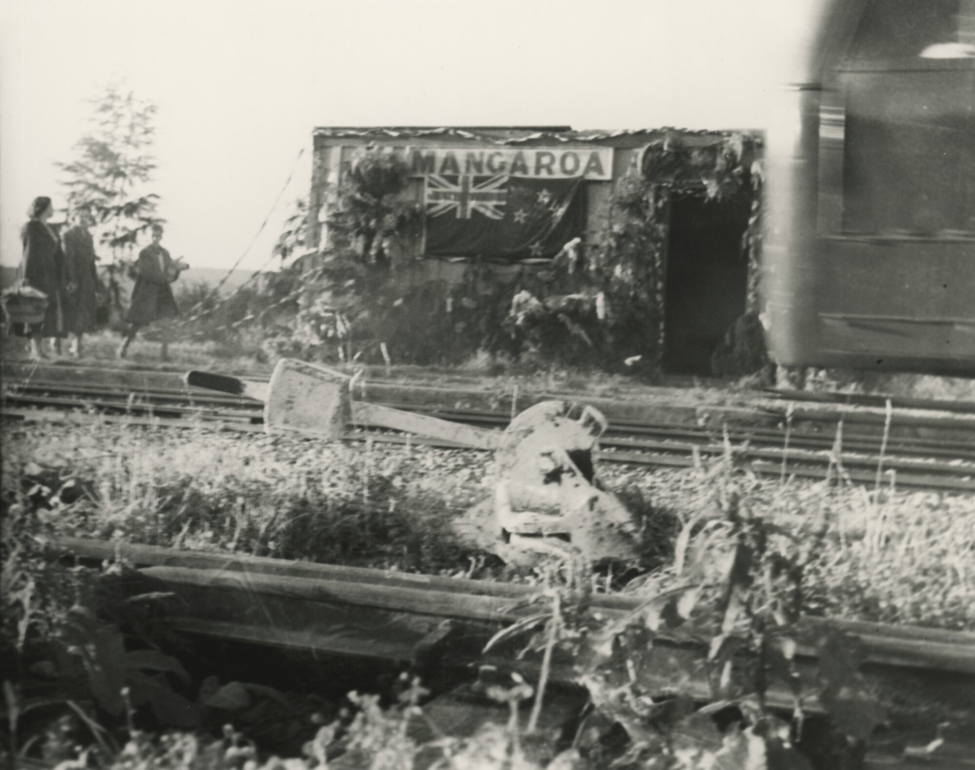 Royal visit decorations, Mangaroa railway station 