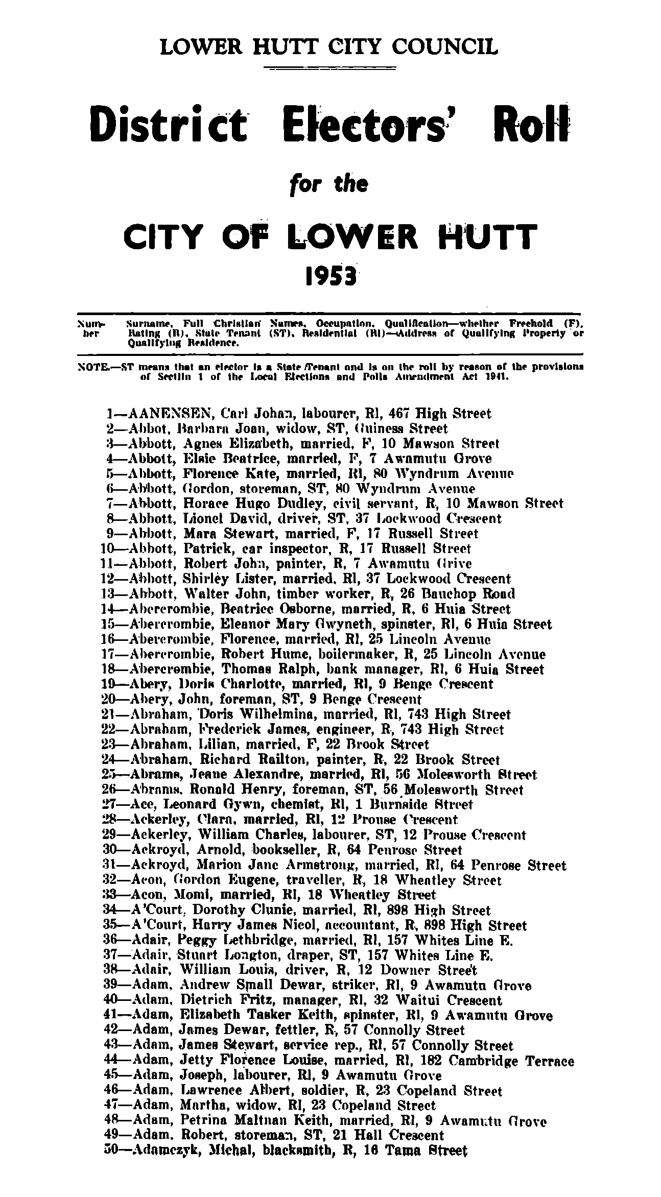 1953 Lower Hutt City Council District Electors' List [65]