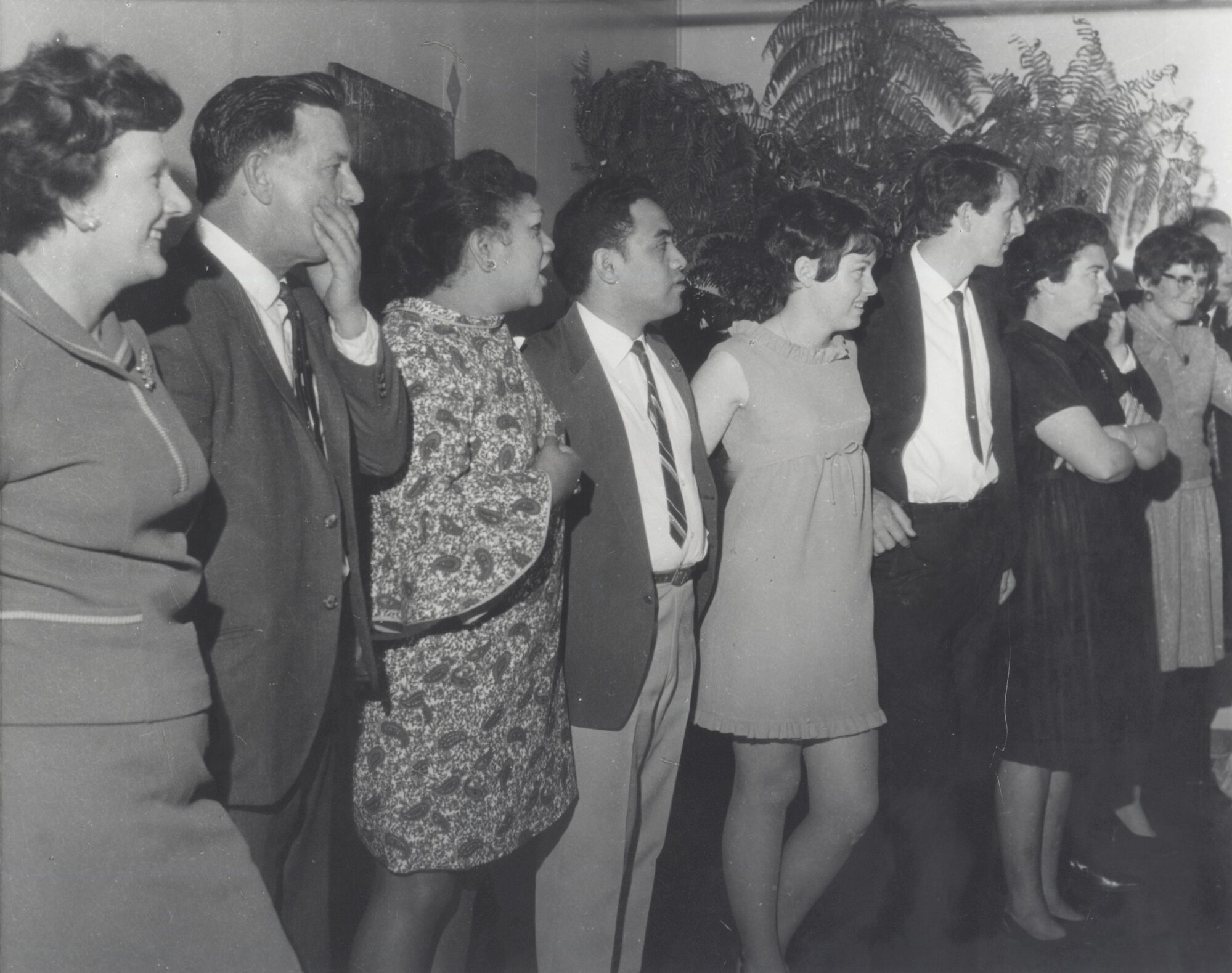Plateau School social; Molly and Eric Wood, Harriet (Hariata) Jaspers, Tamati Kaiwai, Lyn Borlase, unidentified, Betty Cook?, unidentified.