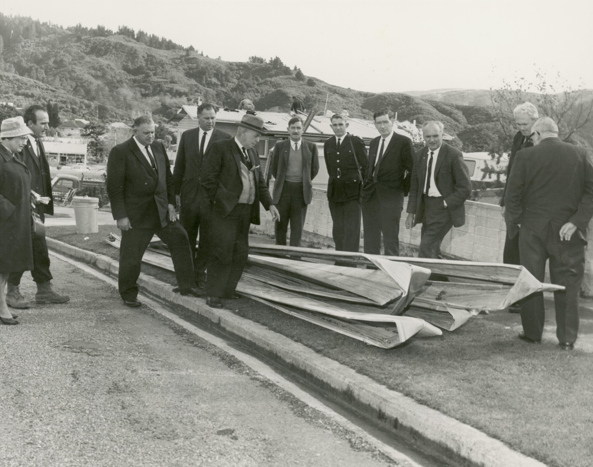 Wahine storm damage, Dowling Grove; long-run roofing blown off.