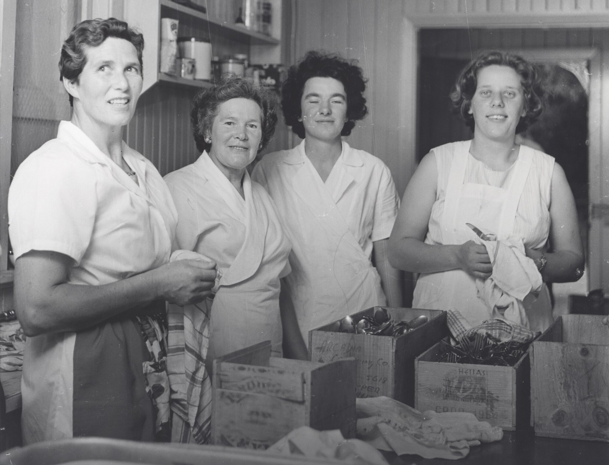 Whites Banquet Services, Arcadia Catering Co. staff; Betty Lorrett, Jean Honeyfield, unidentified, Corrie Visser.