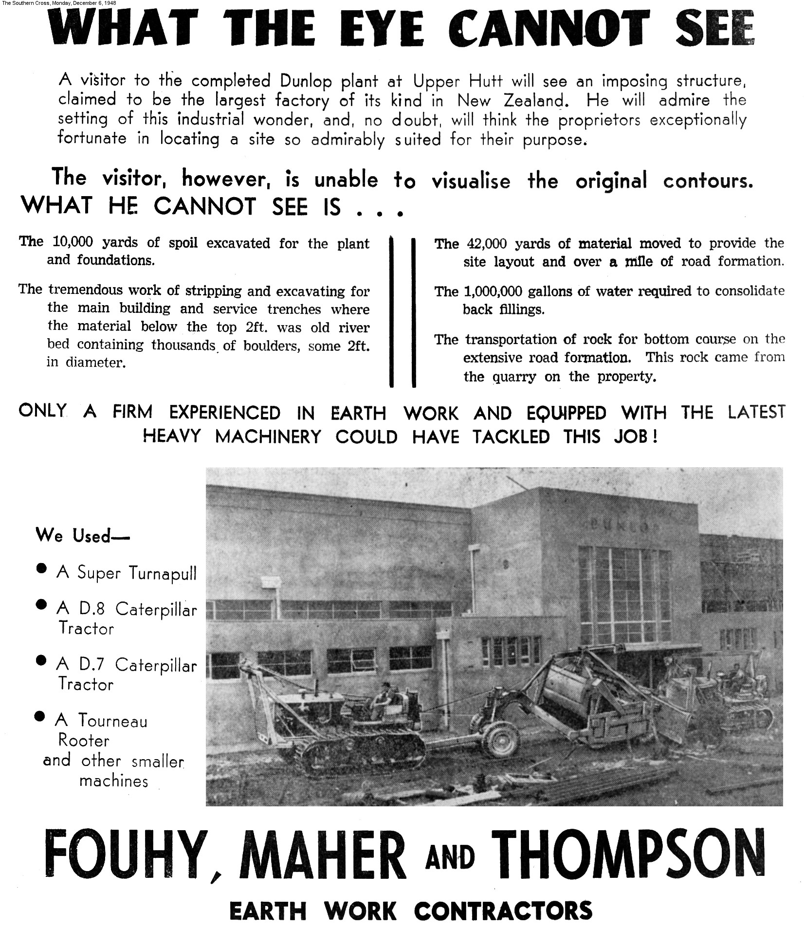 Dunlop factory construction advertisement; earthmoving contractors.