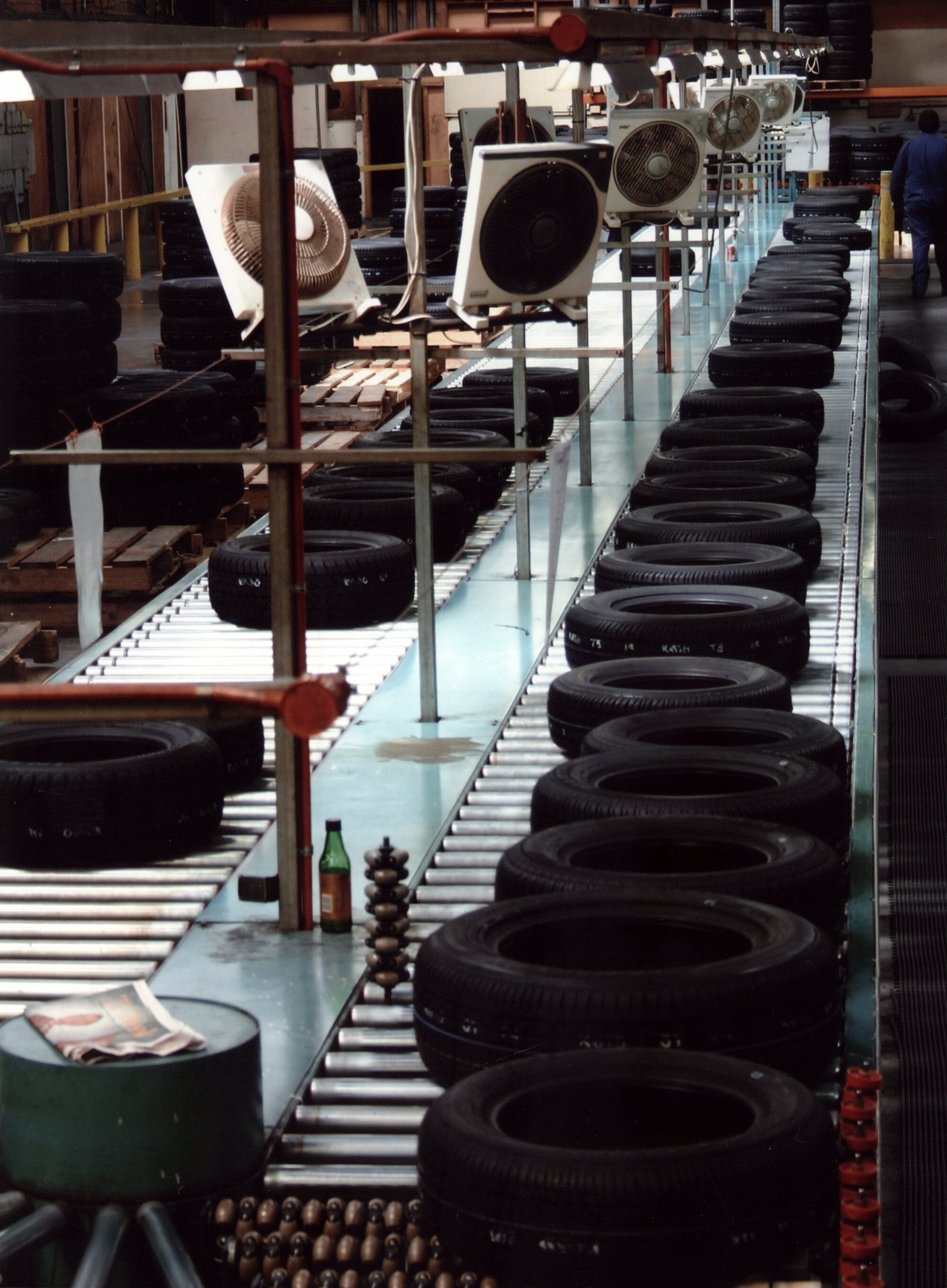 Dunlop tyres; sorting conveyor, viewed from the inspection platform