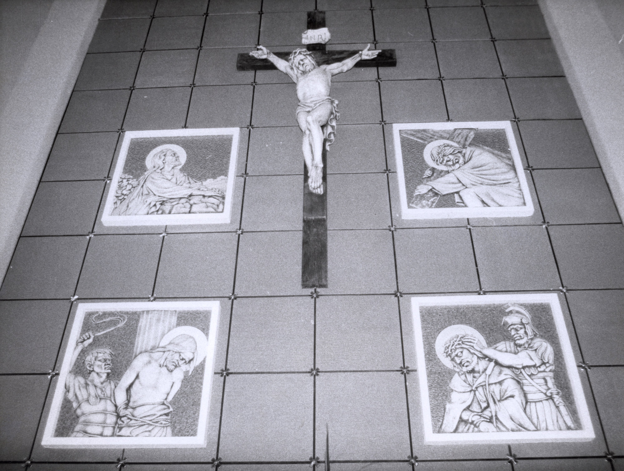 St Joseph's Catholic church of 1965; interior; north wall; Christ on the Cross, and four Stations of the Cross.