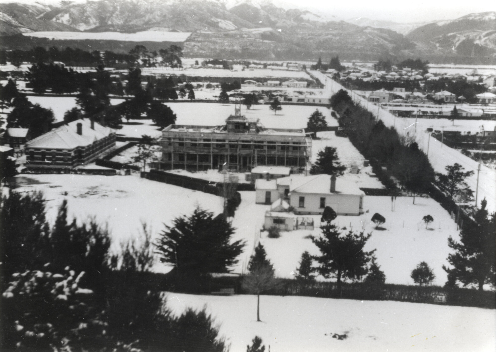 Wallaceville Research Centre; view from hill, looking north-west, 1939; heavy snowfall