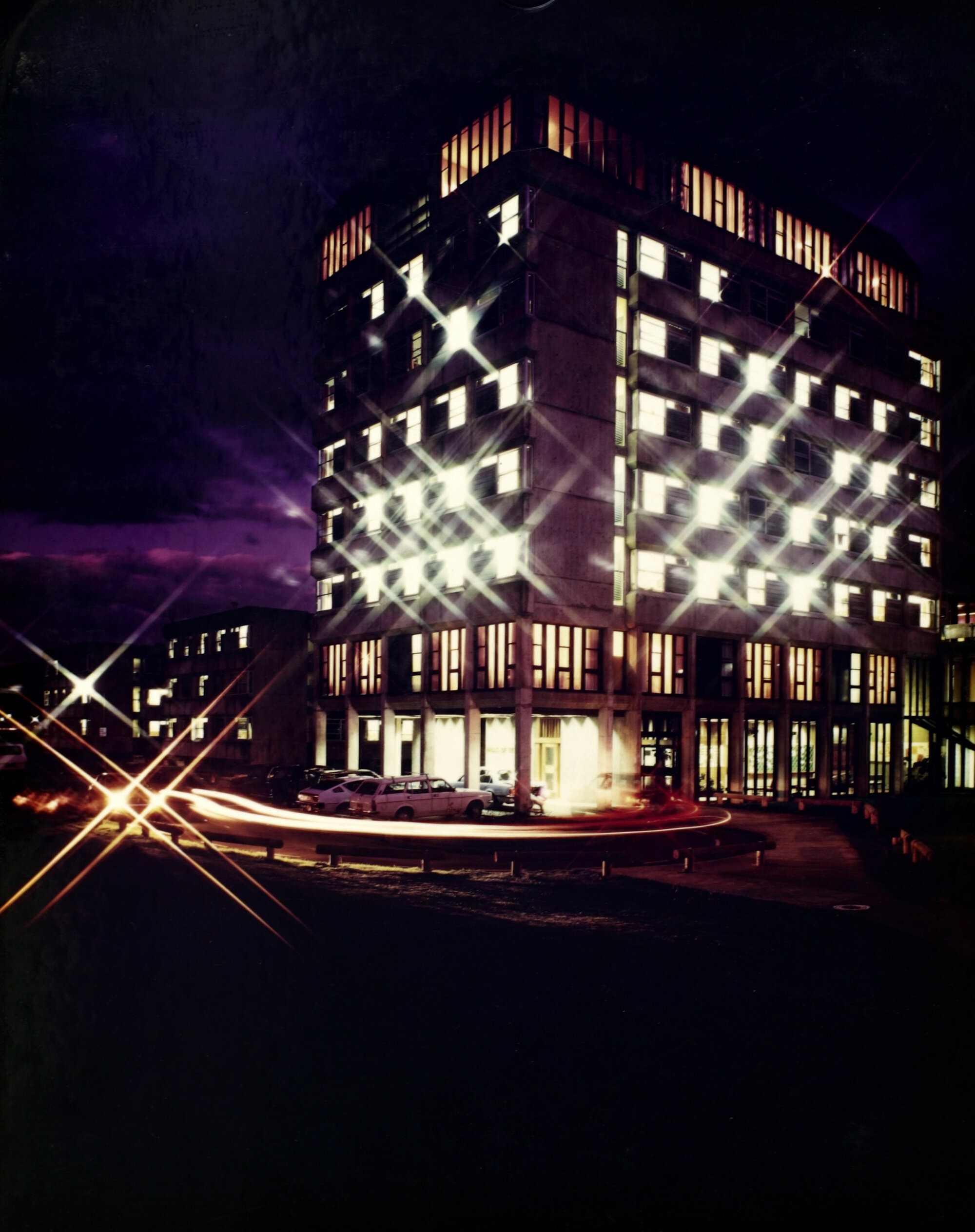 Central Institute of Technology buildings; accommodation tower and block, night, looking east.