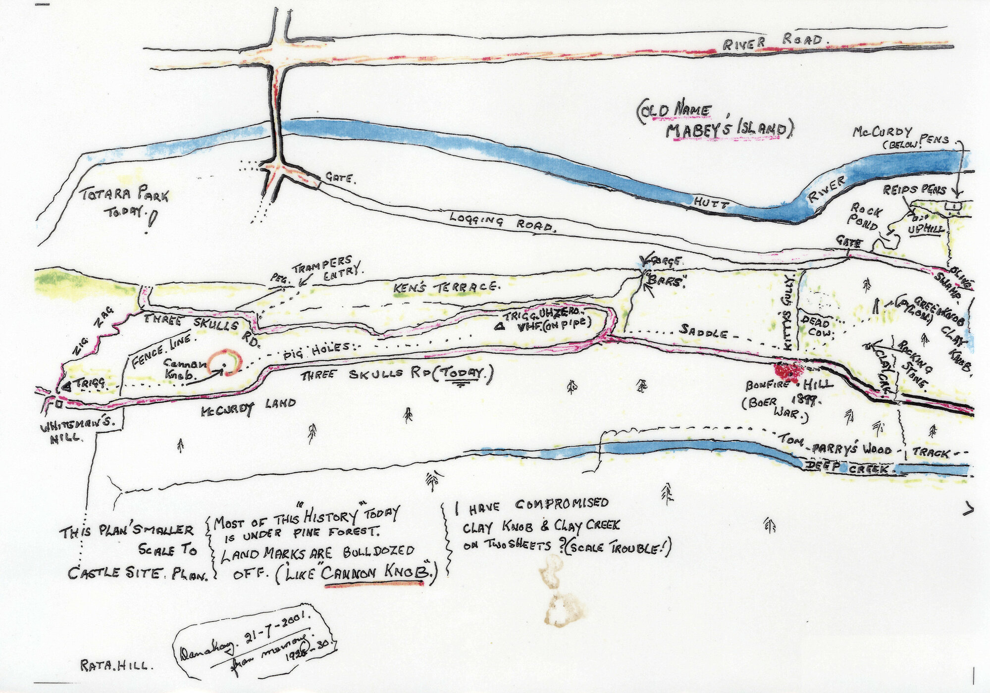 McCurdy's Castle; map of land to the east as far as Totara Park, drawn by Jack Danahay, 2001.