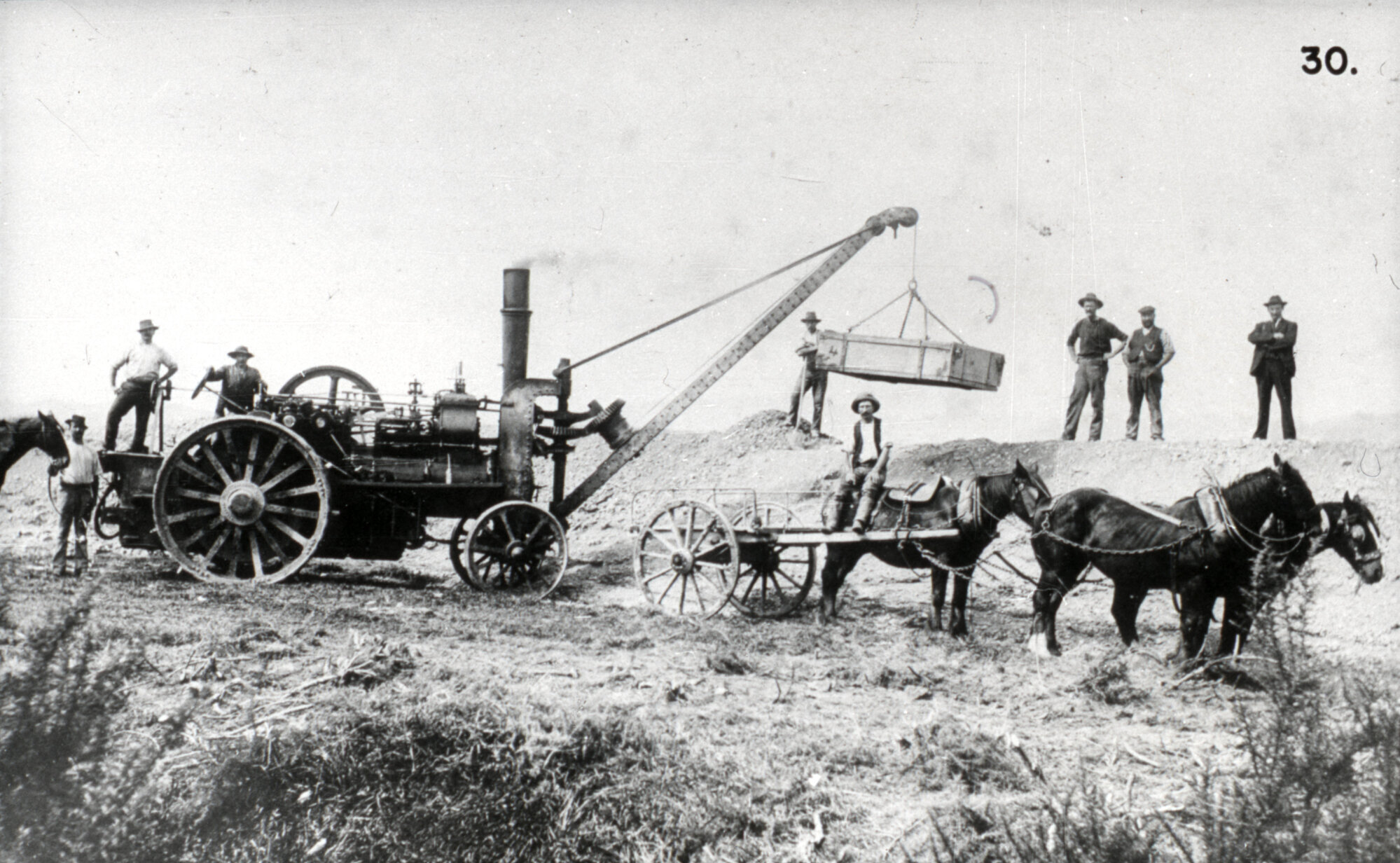 Hutt Valley history 30; erosion and flood protection; traction engine and crane on stop-bank