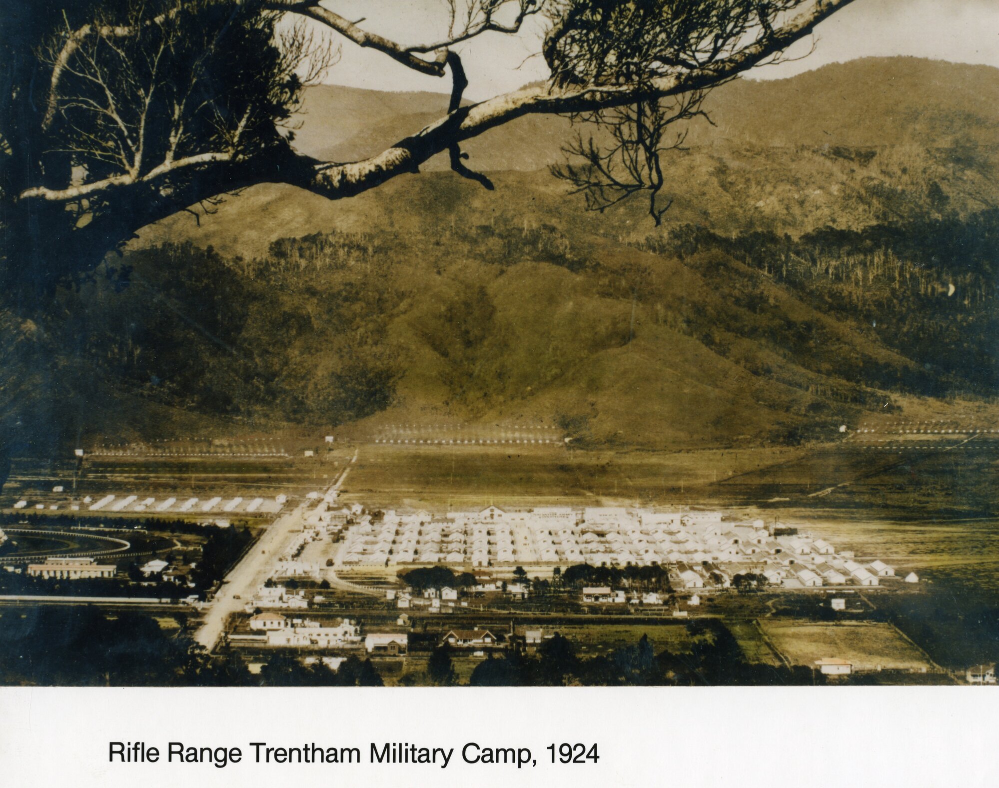 Trentham camp overall view 1924; view looking south-east; rifle ranges in background. [P3-563-3287]