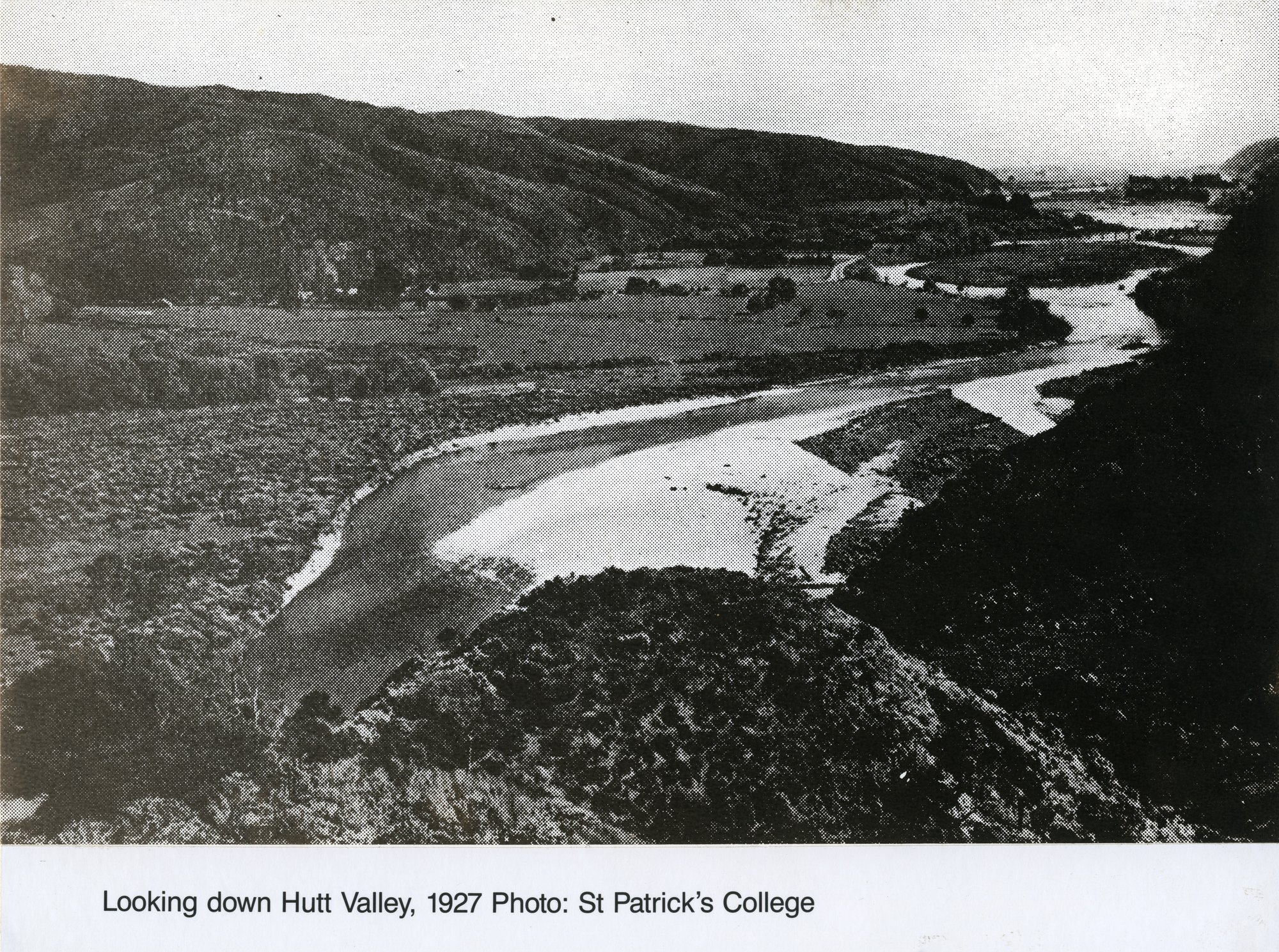 Hutt Valley, looking south-west from hills above Trentham; St. Patrick's College at left, Silverstream bridge in the distance.  