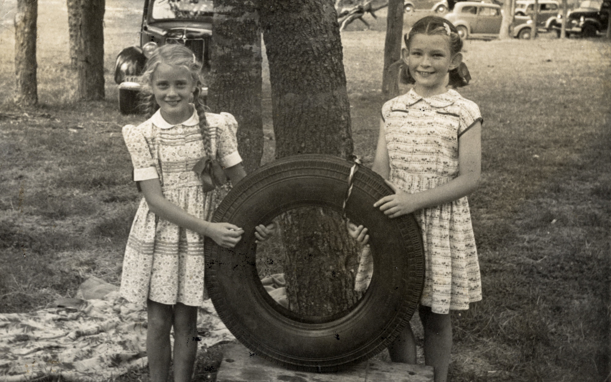 Dunlop factory; first Dunlop tyre, with Sylvia Williams, left, and Angela Jones.