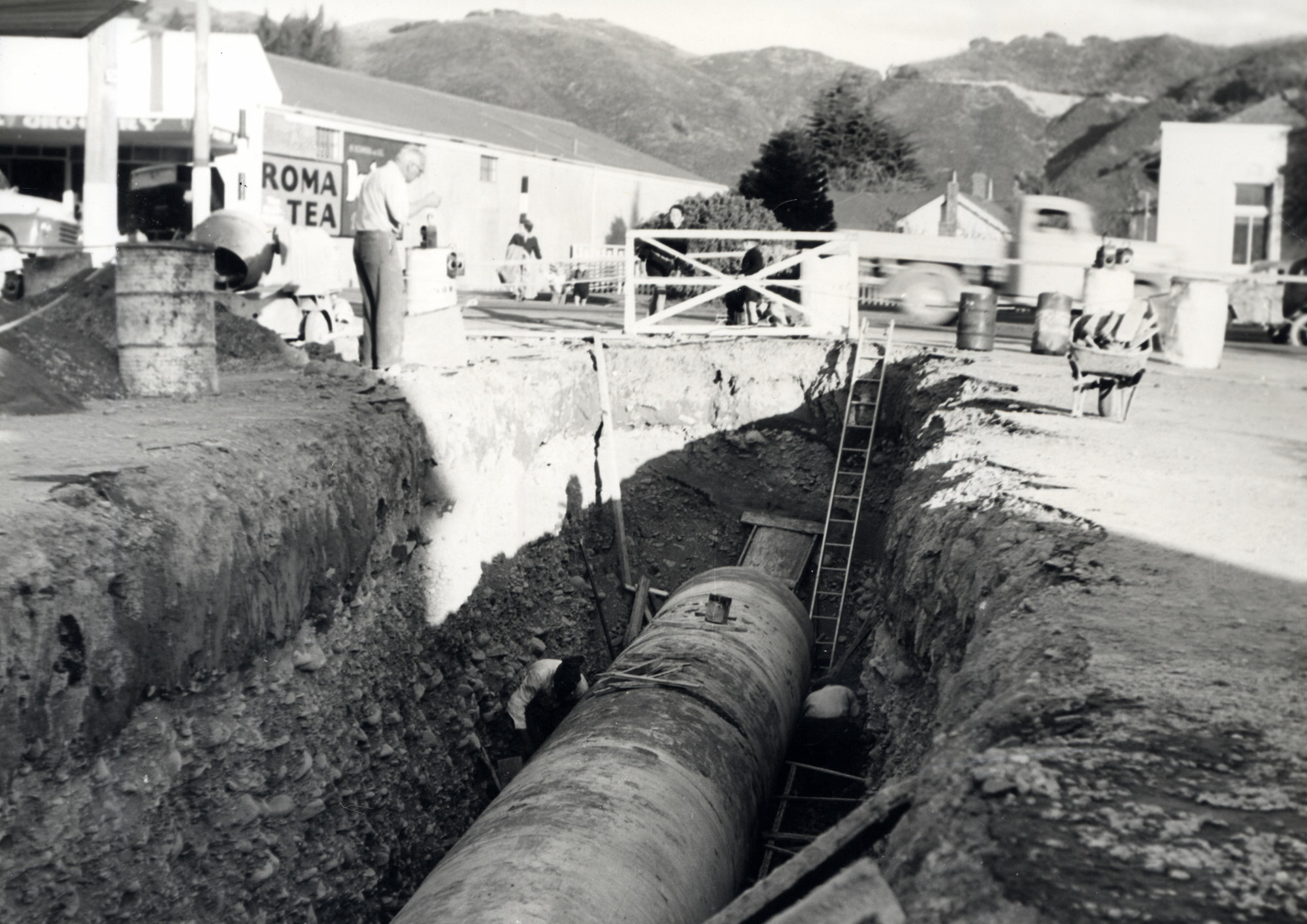 Drainage; 54" stormwater pipe approaching the Main Rd. from Pine Ave. (To go under 36" water main) 14th June 1957