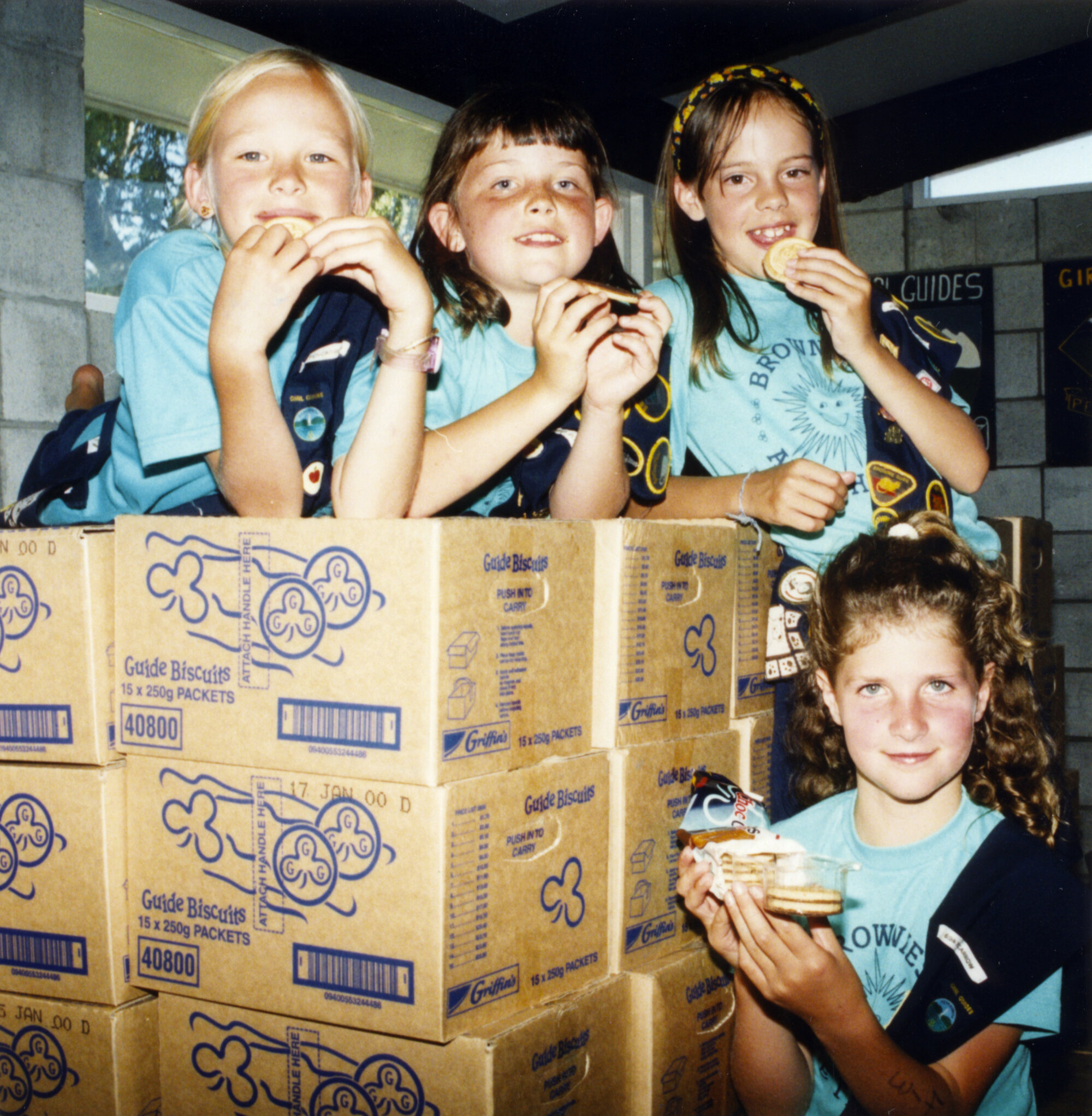 Girl Guide biscuits; annual sale imminent; Pencarrow Guides Sarah Alabaster, Emily Reid, Kate King, Emily Schrijvers. 