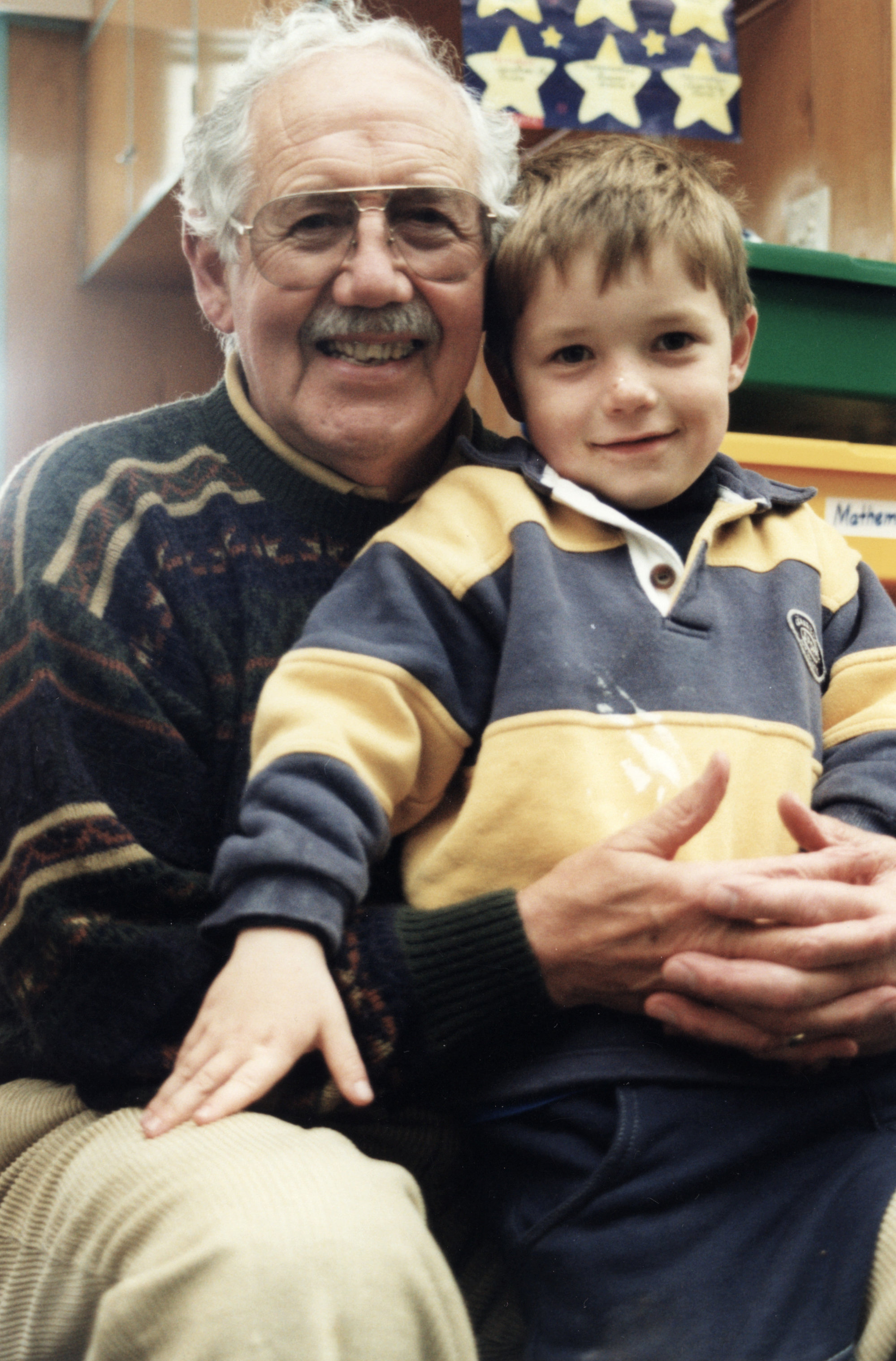 Plateau School Generation Day; grandparents visiting; Jim and Daniel Fortune.