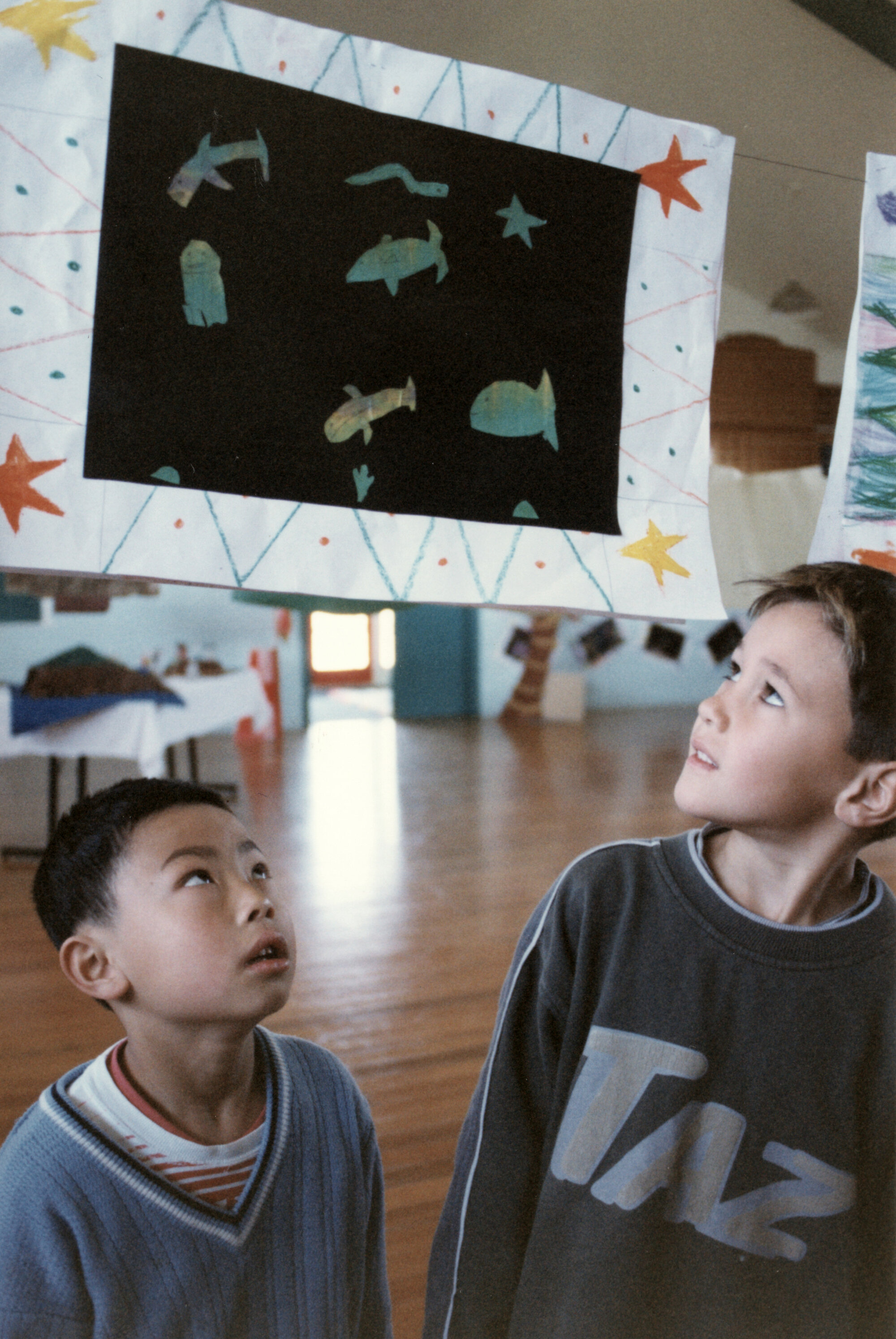 Trentham School; years 3 and 4 show; Xian Liu, 8, Keenan Taufale, 7, with their underwater collage scenes.