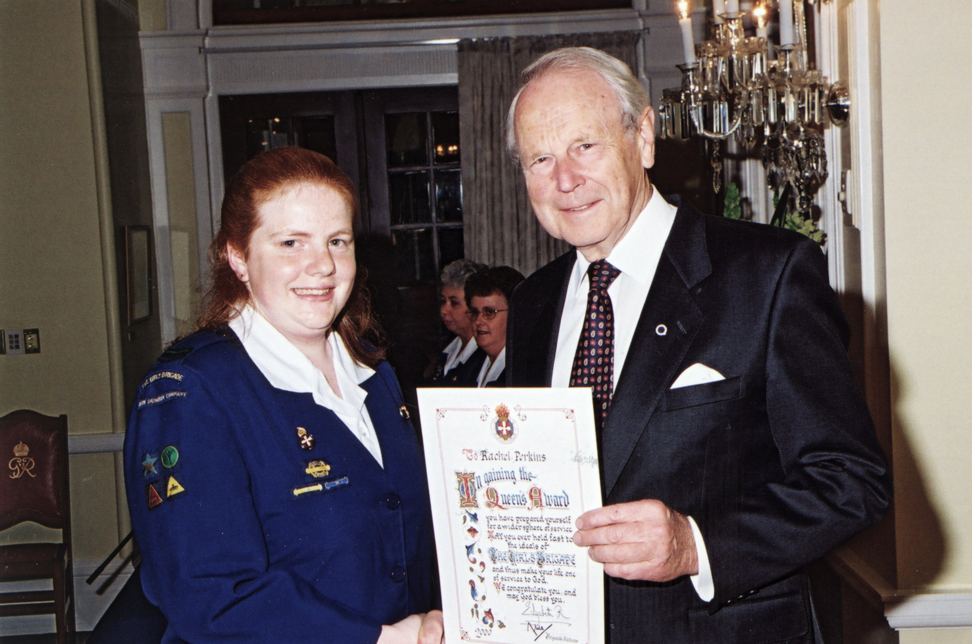 Girls' Brigade; Rachel Perkins receives her Queen's Award from Governor-General Sir Michael Hardie Boys.