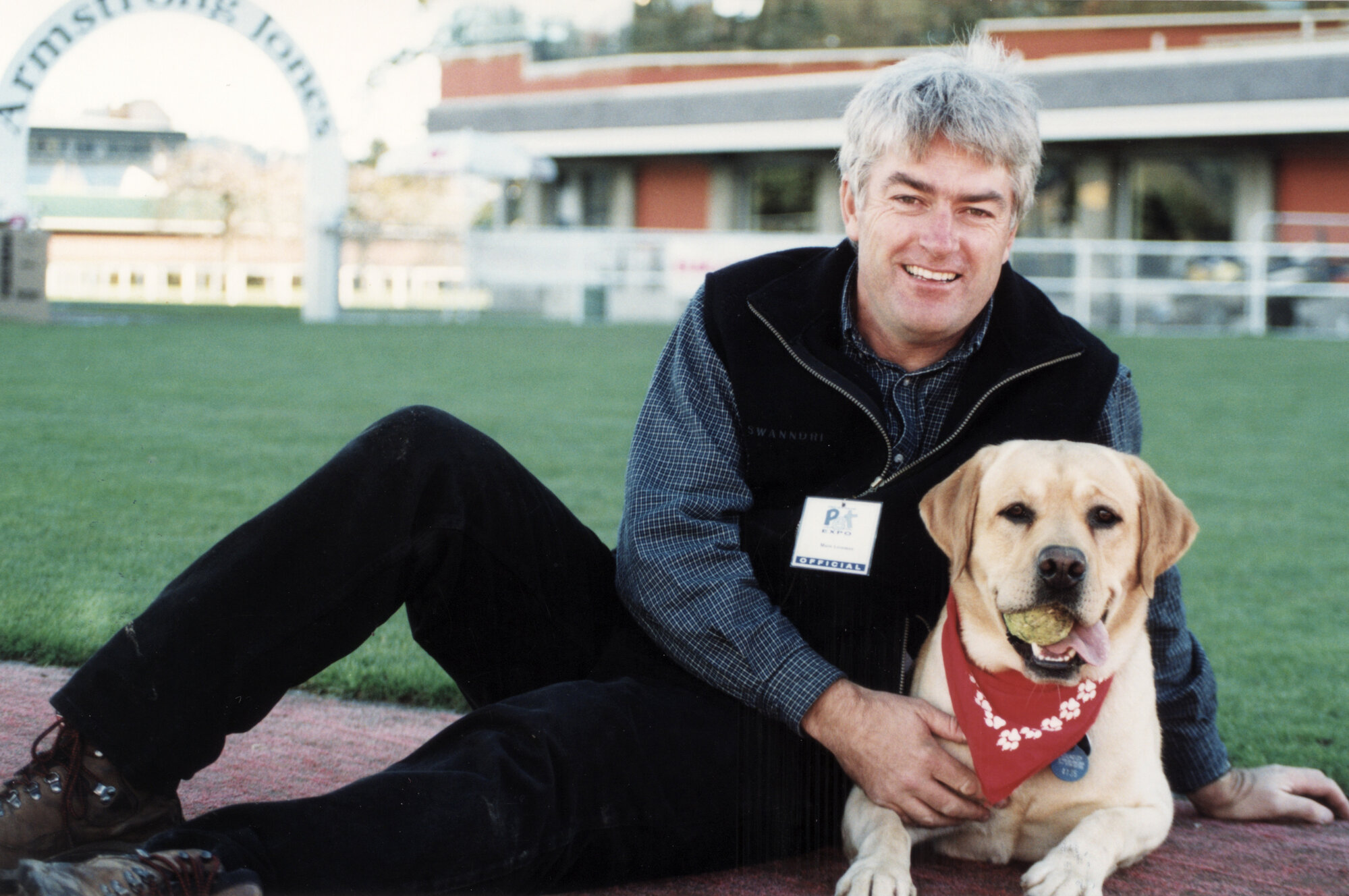 Trentham Racecourse; Pet Expo; compere Mark Leishman with his pup DJ.