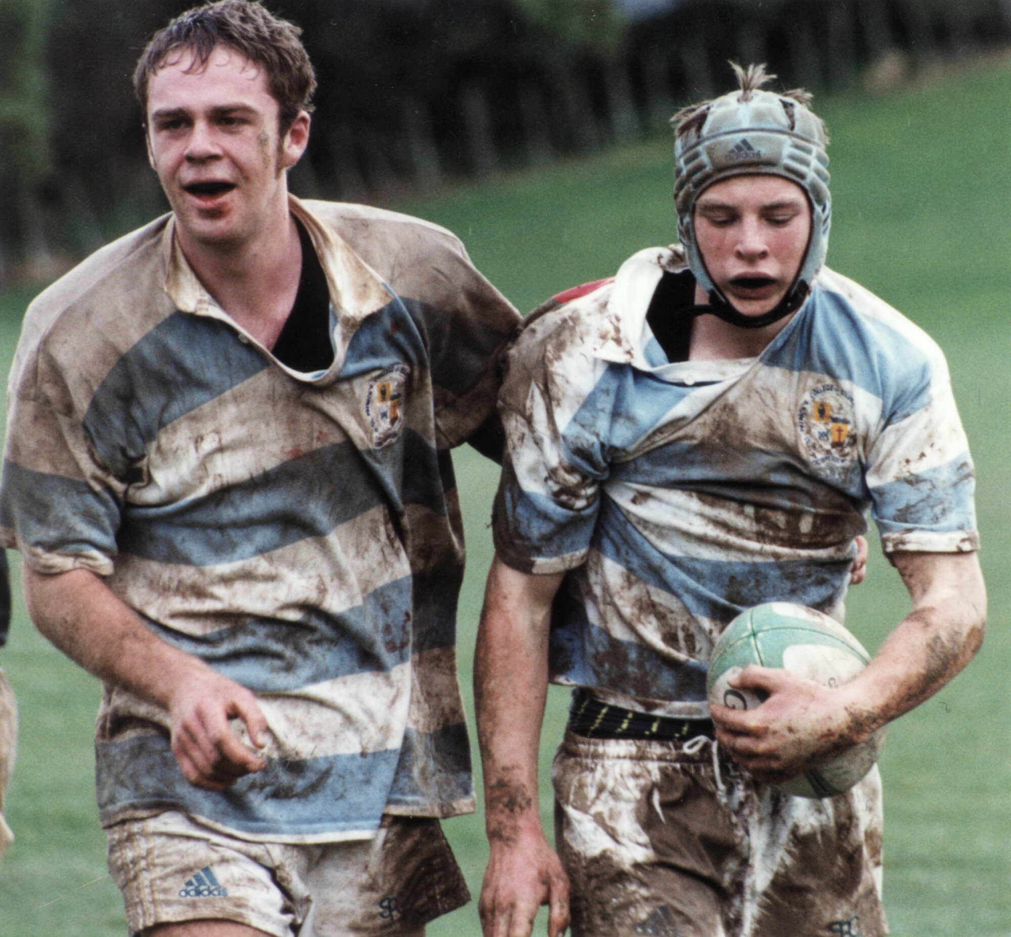 Rugby; St Patrick's College's first XV centre Ollie O'Leary congratulated after scoring a try.