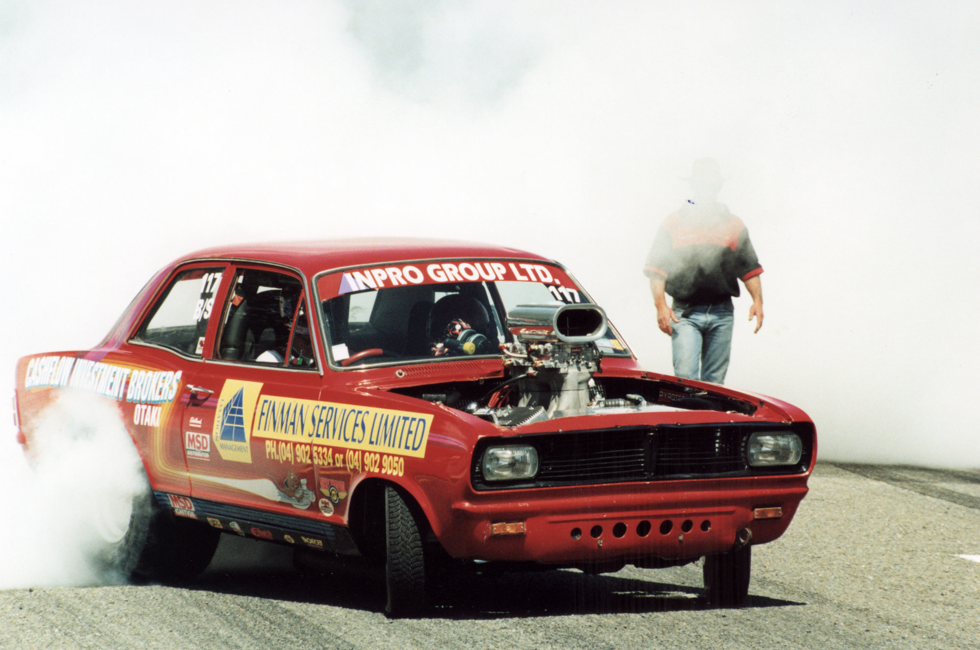 Drag racing; Upper Hutt street drags, Alexandra Road; Rex Duckett in big-block Chevy Vauxhall Viva.