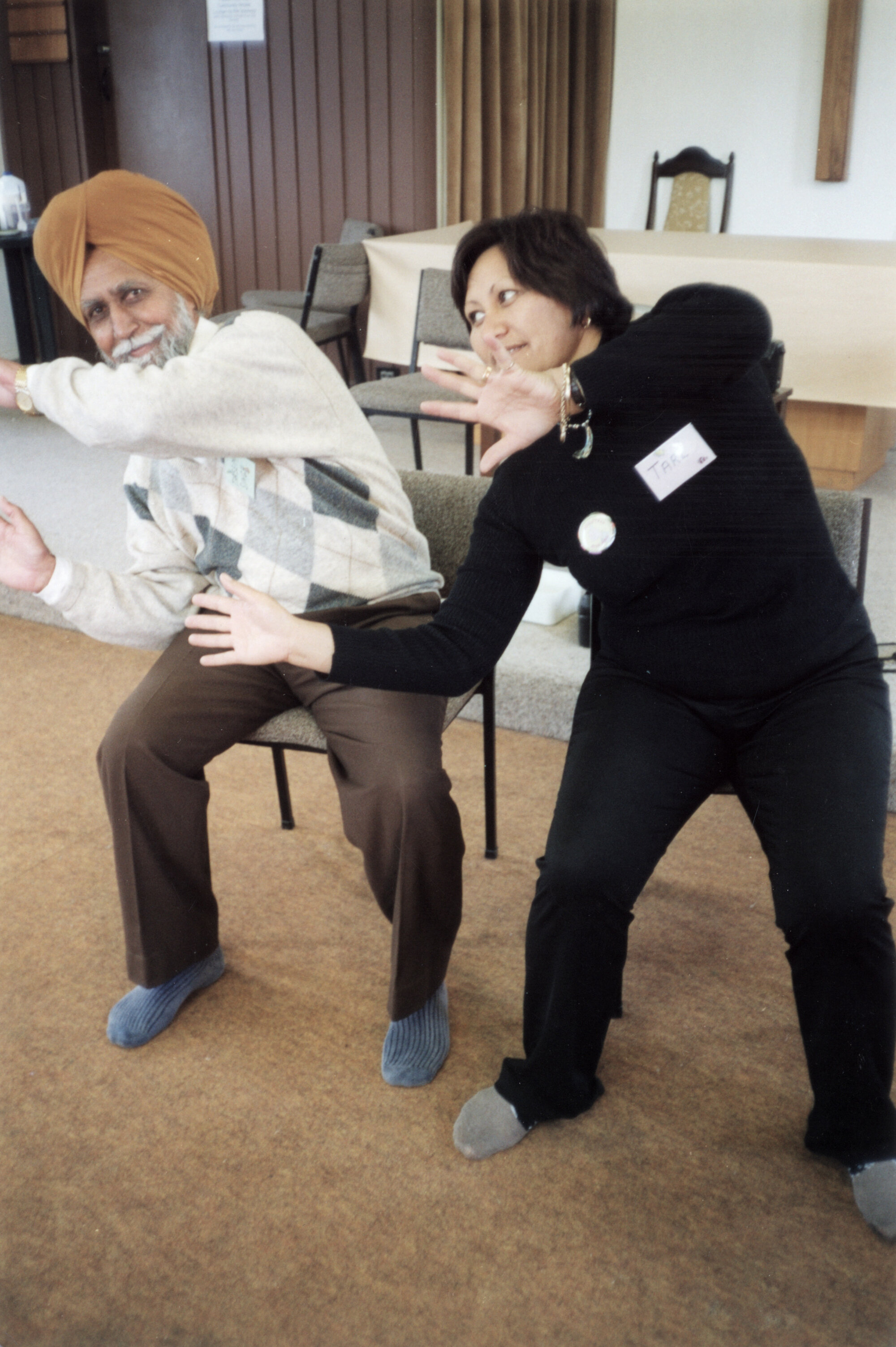 Trentham Community Centre; Tarsem Singh and 'sit and be fit' instructor Tarl Cashmore from Ōrongomai Marae.