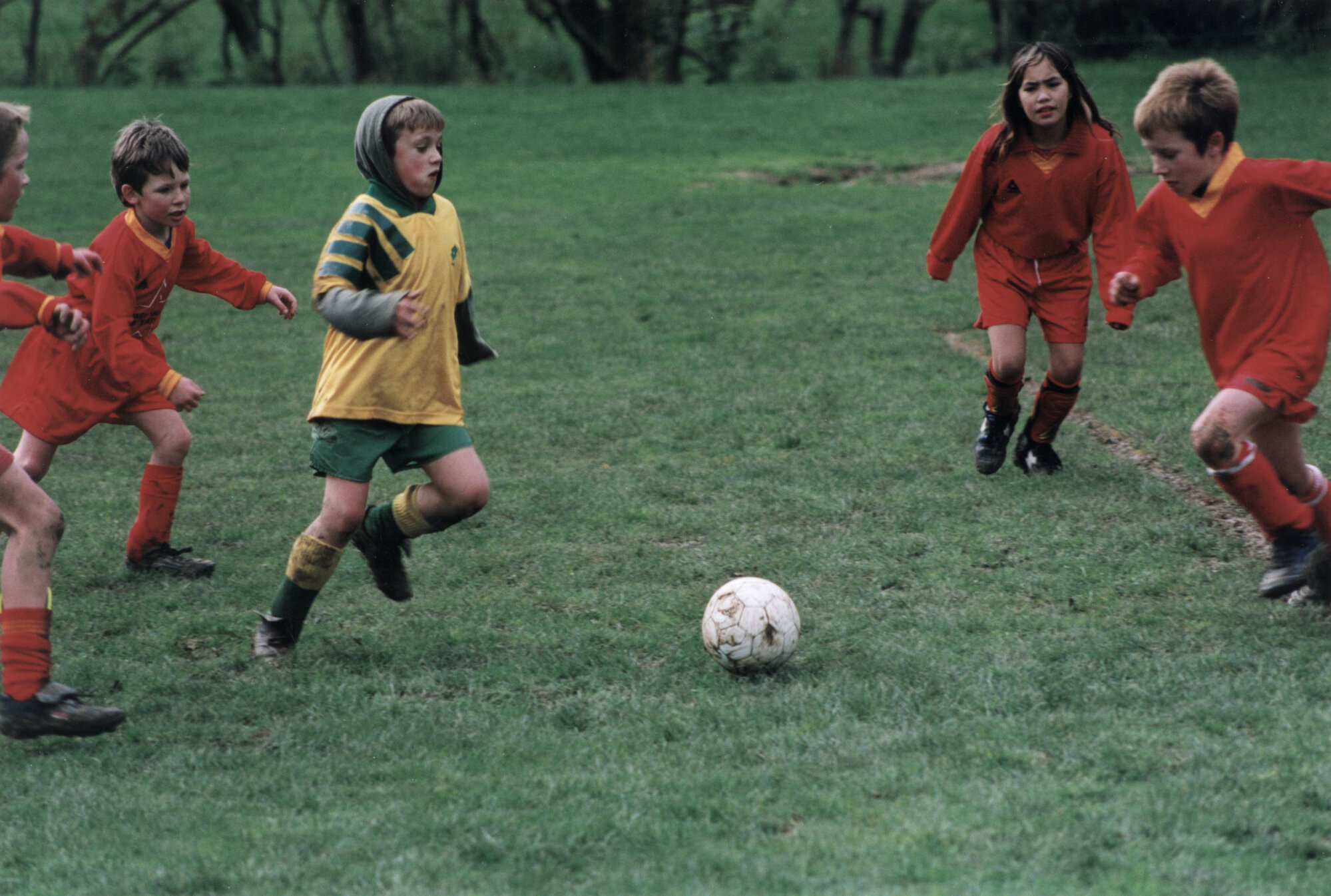 Soccer; ninth grade, section 4; Stokes Valley Rockets in red, Lower Hutt Bombers in yellow and green.