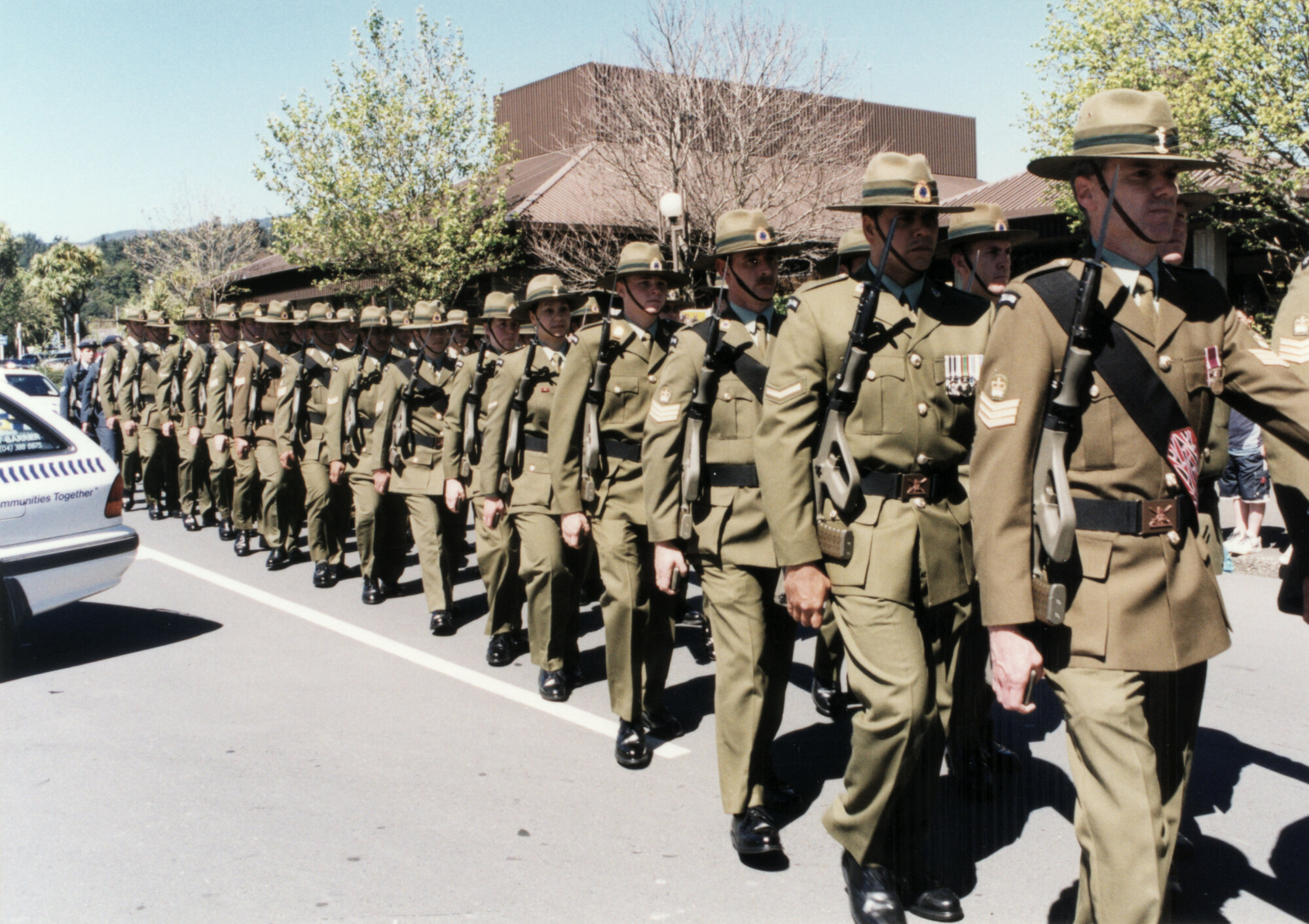 Army Charter parade; infantry arriving at the civic centre.