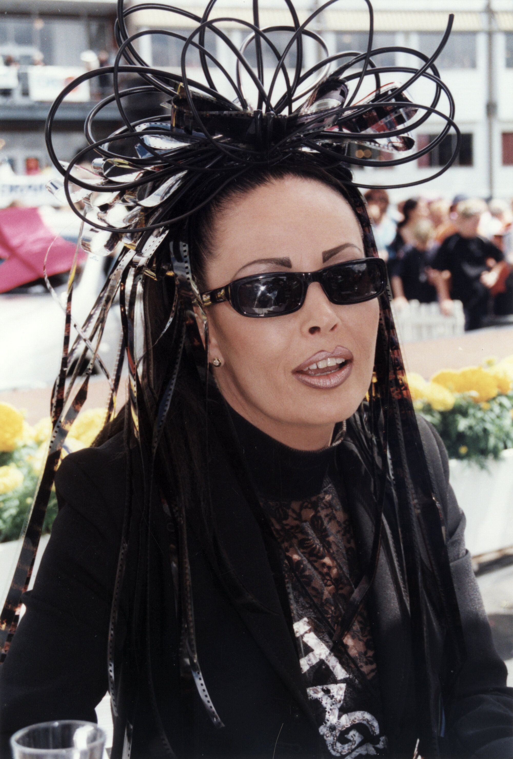 Trentham racecourse fashions 2002; Amanda Nicolle in 'Lord-of-the-Rings'-inspired headgear.