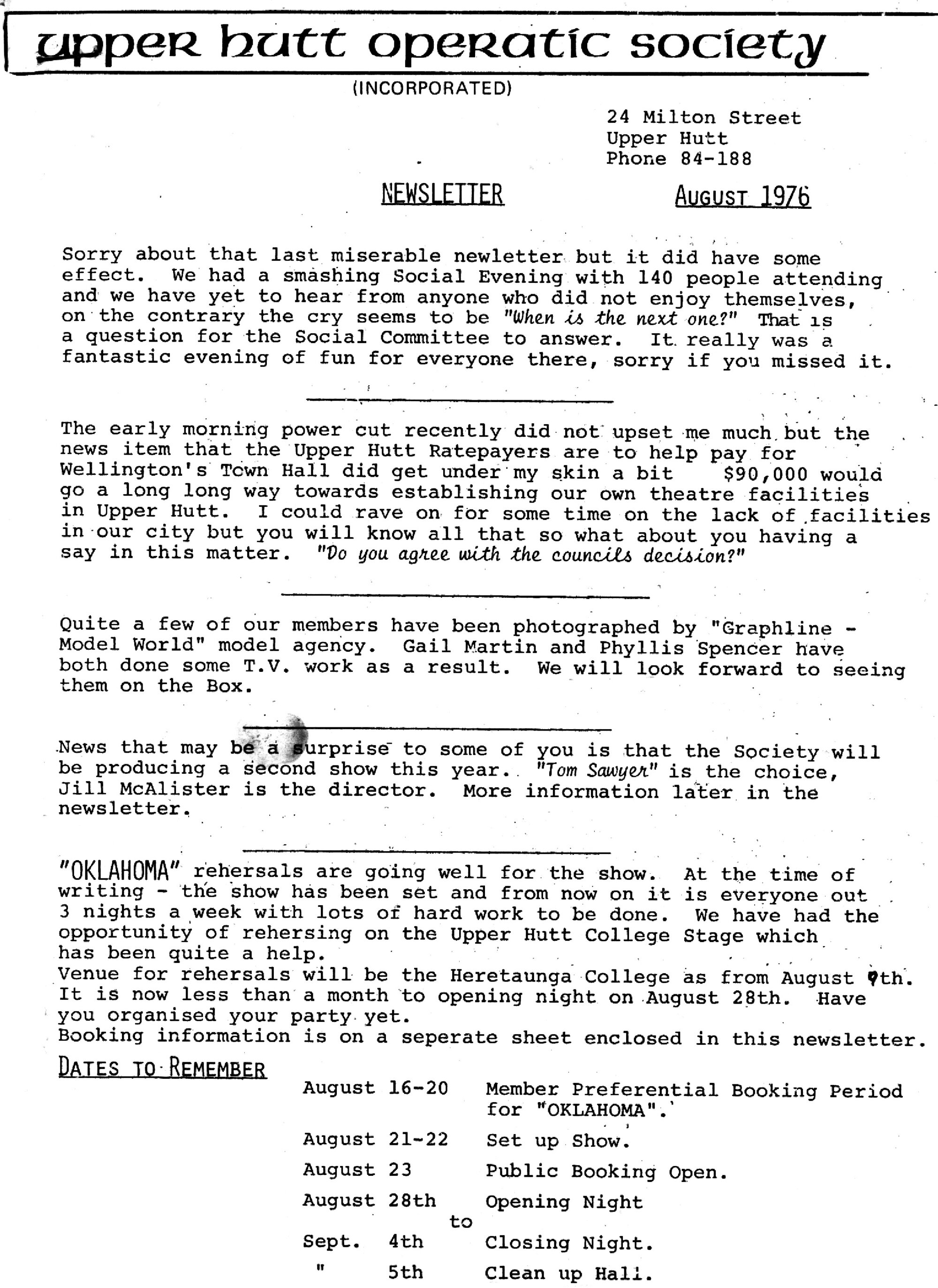 1976 Upper Hutt Operatic Society  Newsletter re Oklahoma rehearsals